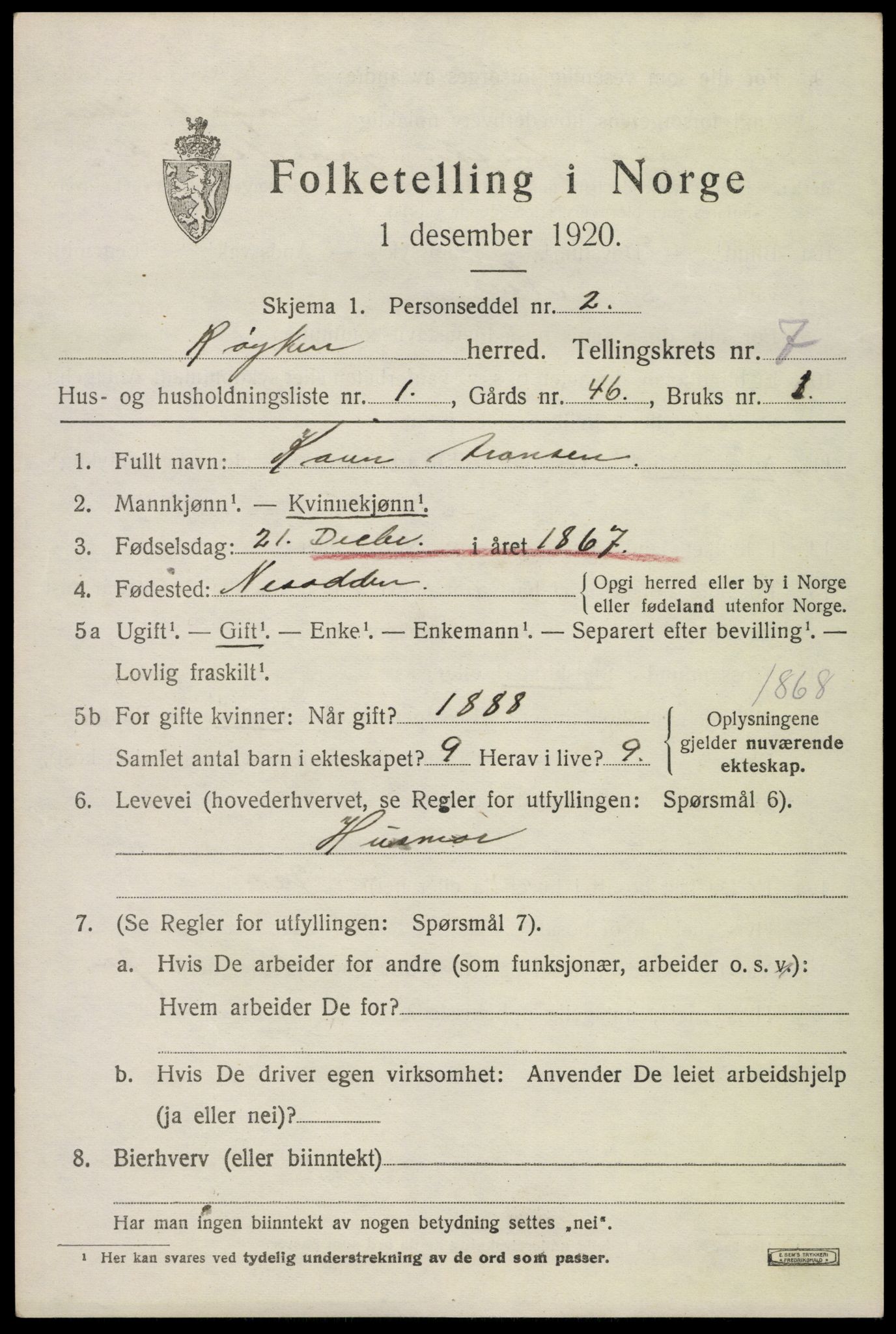 SAKO, 1920 census for Røyken, 1920, p. 11272