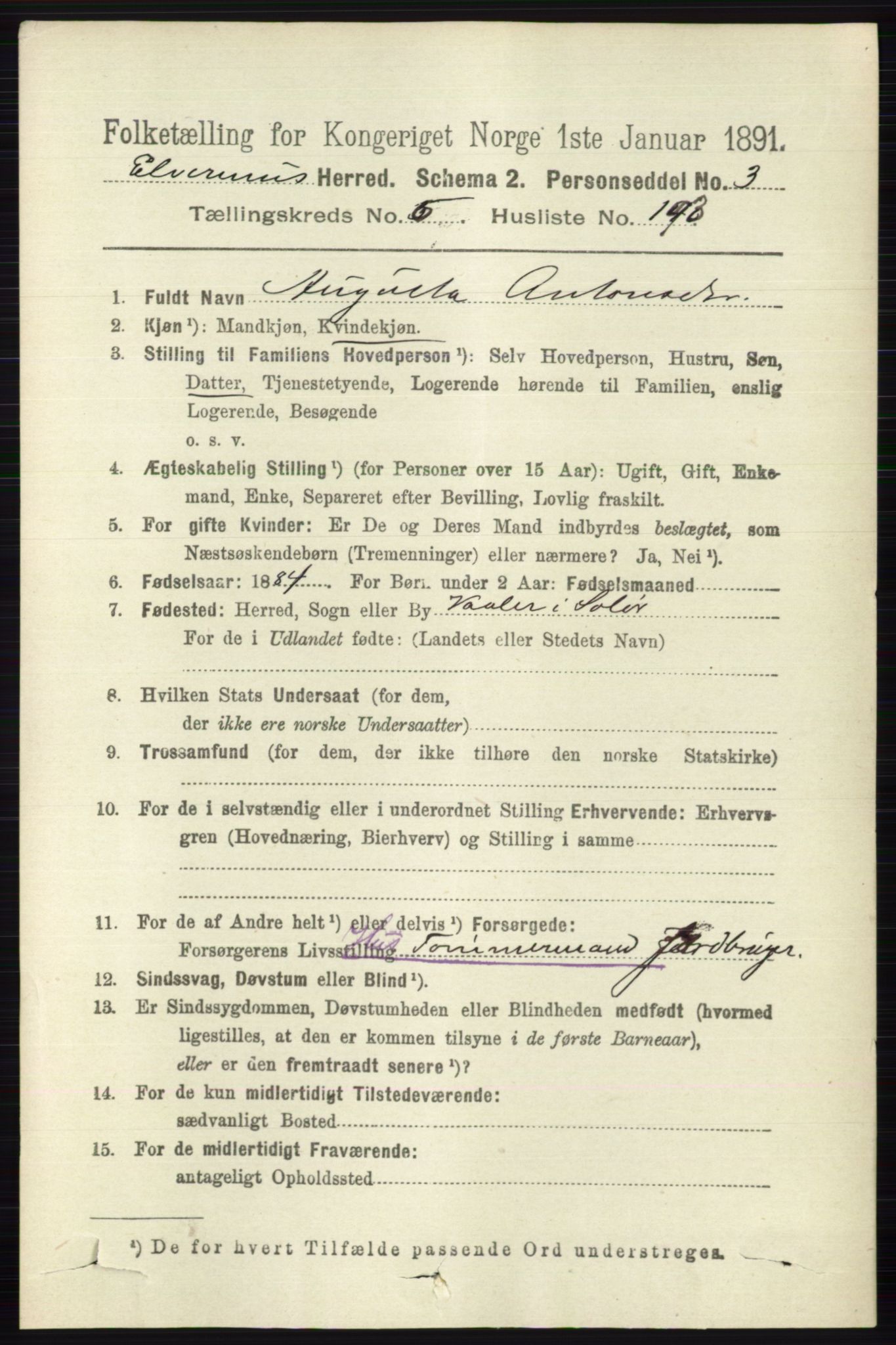 RA, 1891 census for 0427 Elverum, 1891, p. 5444