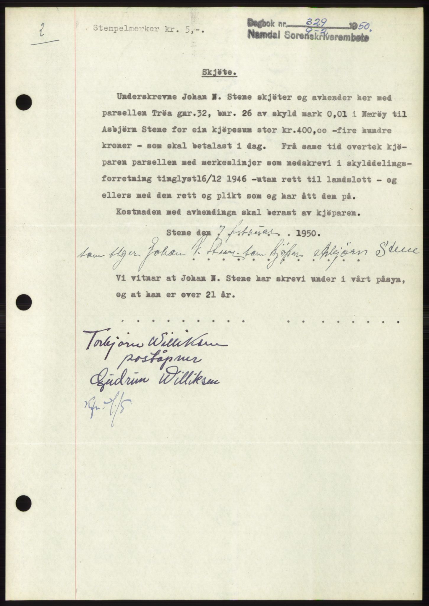 Namdal sorenskriveri, AV/SAT-A-4133/1/2/2C: Mortgage book no. -, 1950-1950, Diary no: : 329/1950