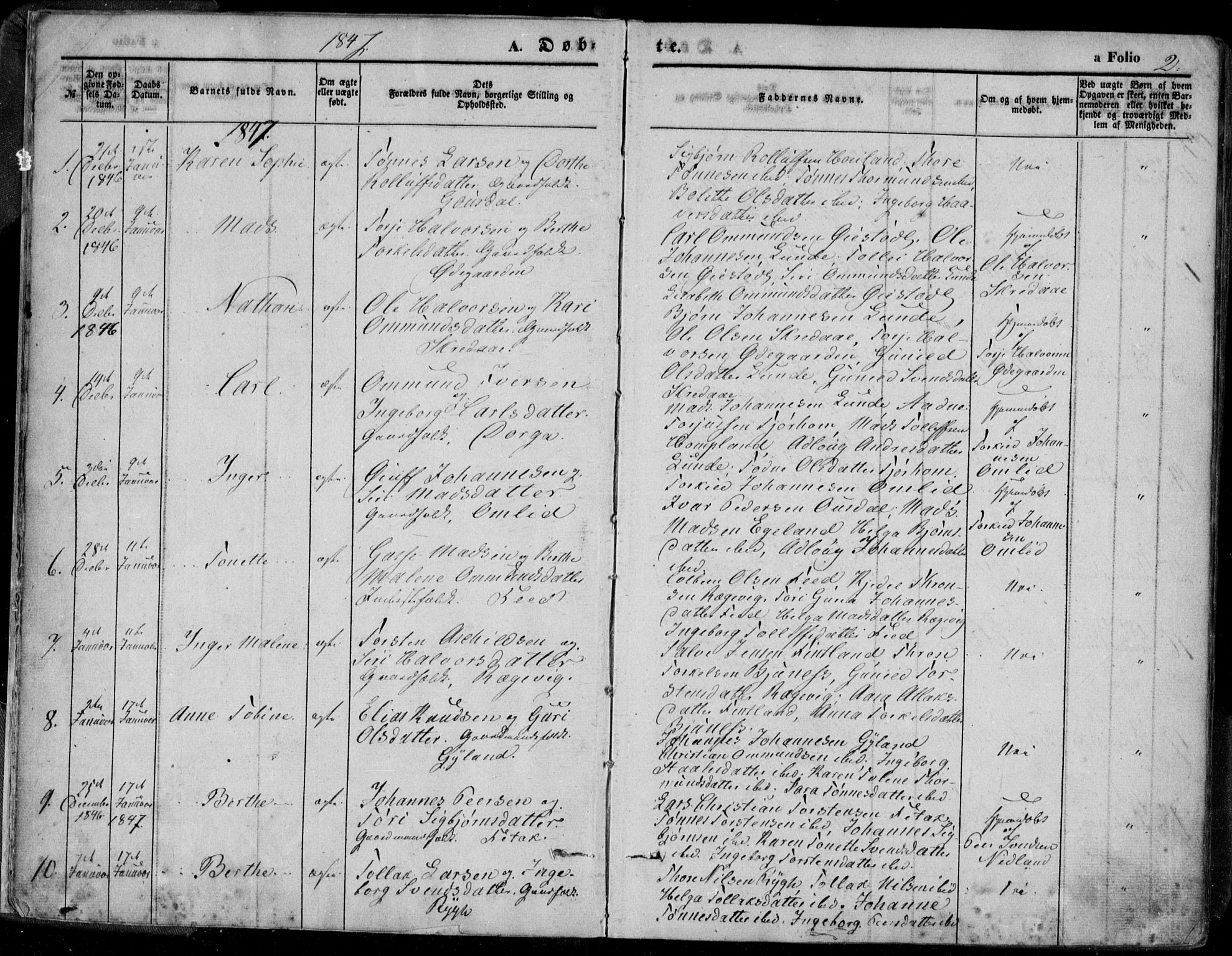 Bakke sokneprestkontor, AV/SAK-1111-0002/F/Fa/Faa/L0005: Parish register (official) no. A 5, 1847-1855, p. 2