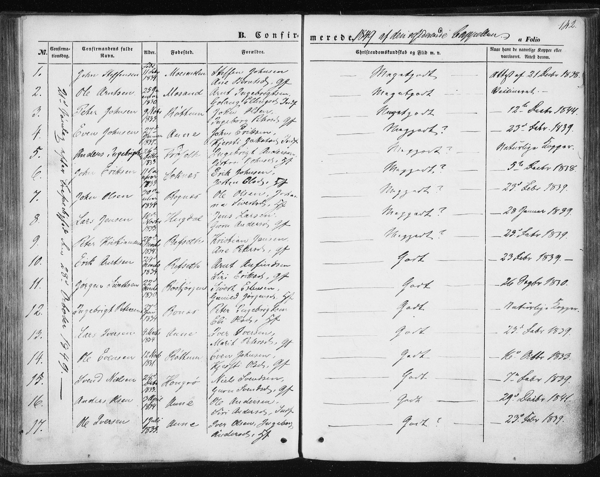 Ministerialprotokoller, klokkerbøker og fødselsregistre - Sør-Trøndelag, SAT/A-1456/687/L1000: Parish register (official) no. 687A06, 1848-1869, p. 142