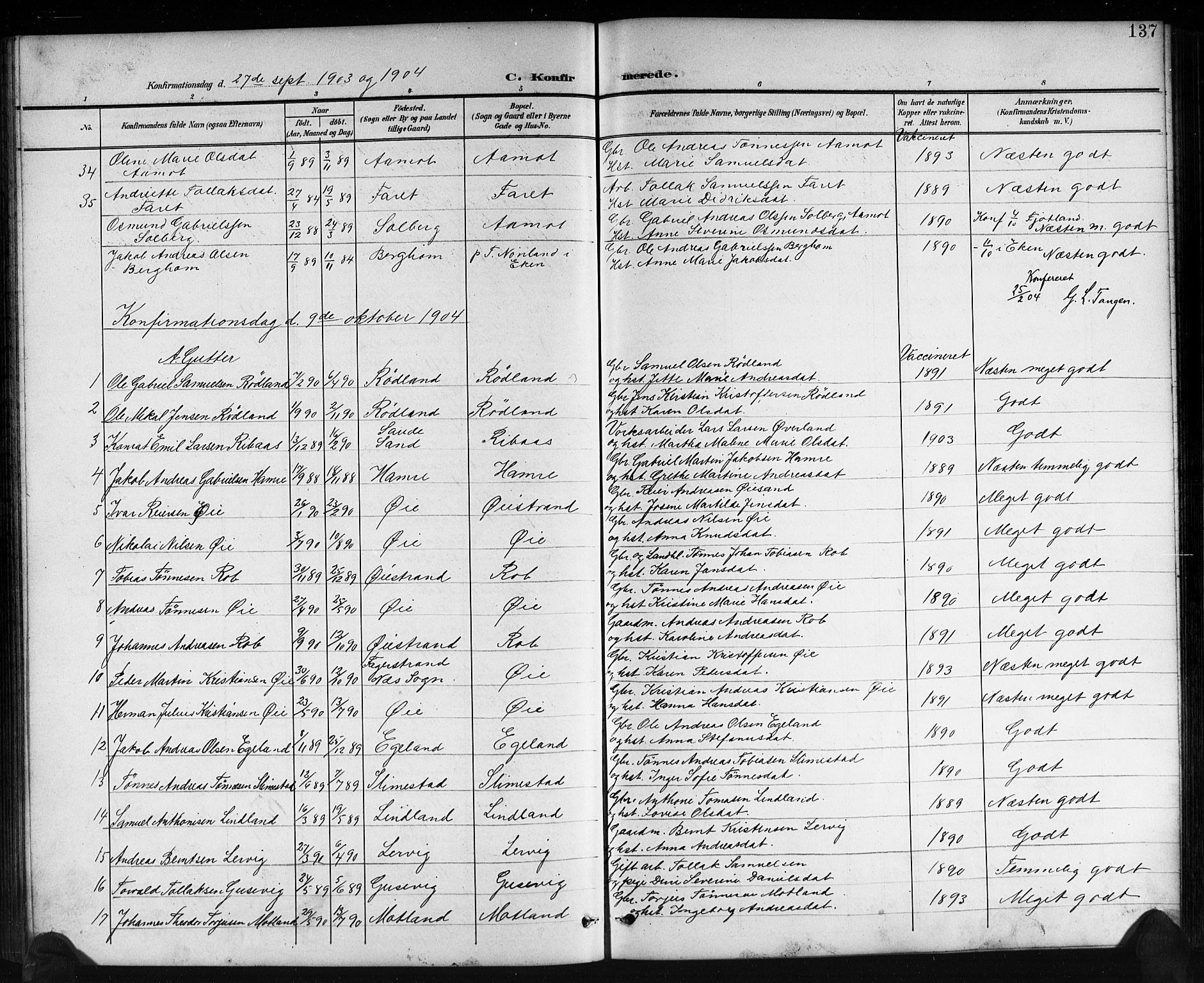 Kvinesdal sokneprestkontor, SAK/1111-0026/F/Fb/Fbb/L0003: Parish register (copy) no. B 3, 1898-1916, p. 137