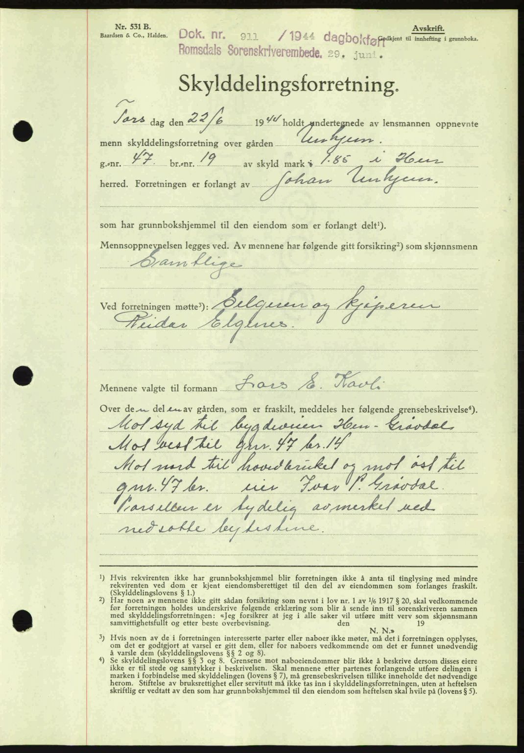 Romsdal sorenskriveri, SAT/A-4149/1/2/2C: Mortgage book no. A16, 1944-1944, Diary no: : 911/1944