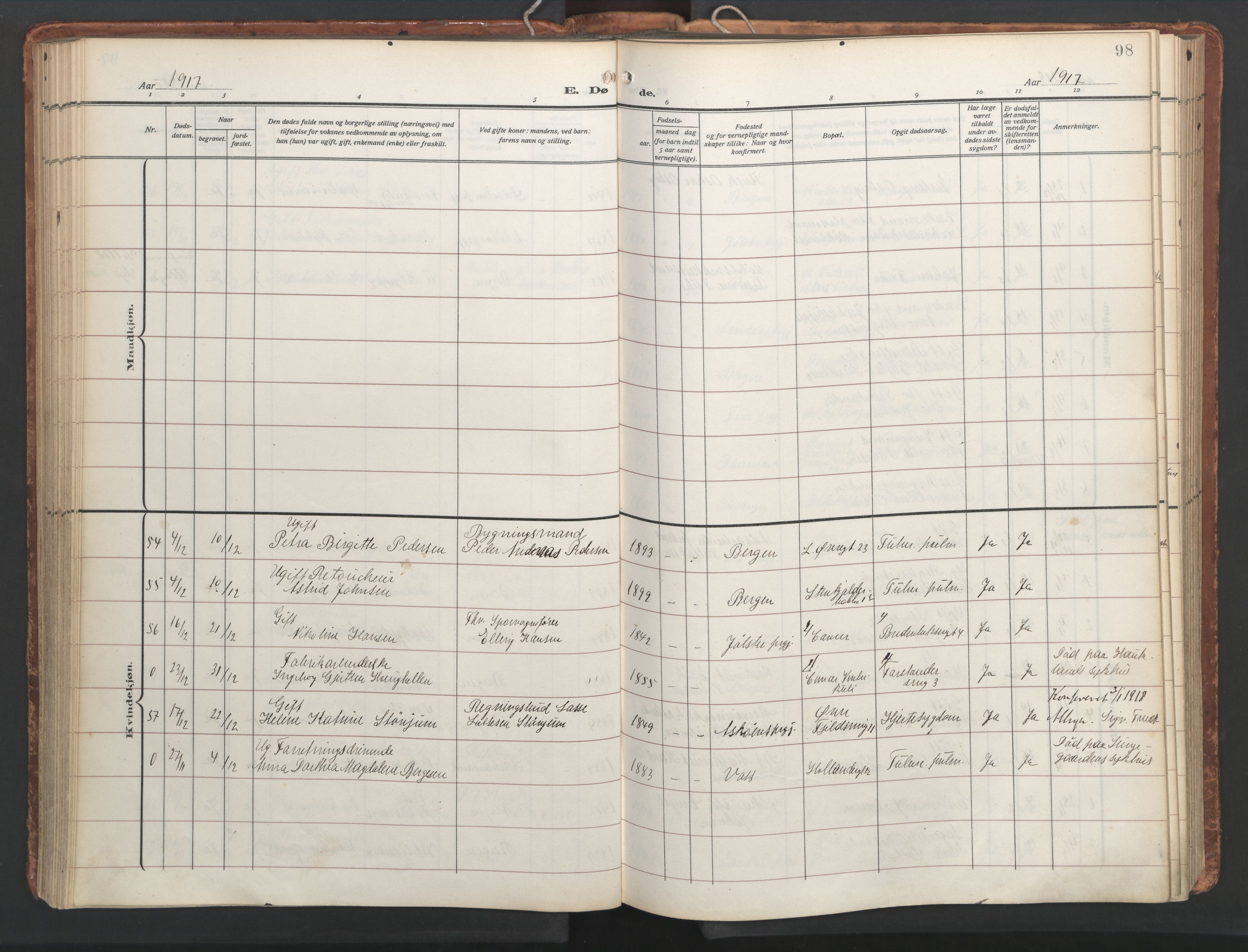 Korskirken sokneprestembete, AV/SAB-A-76101/H/Hab: Parish register (copy) no. E 5, 1910-1956, p. 97b-98a