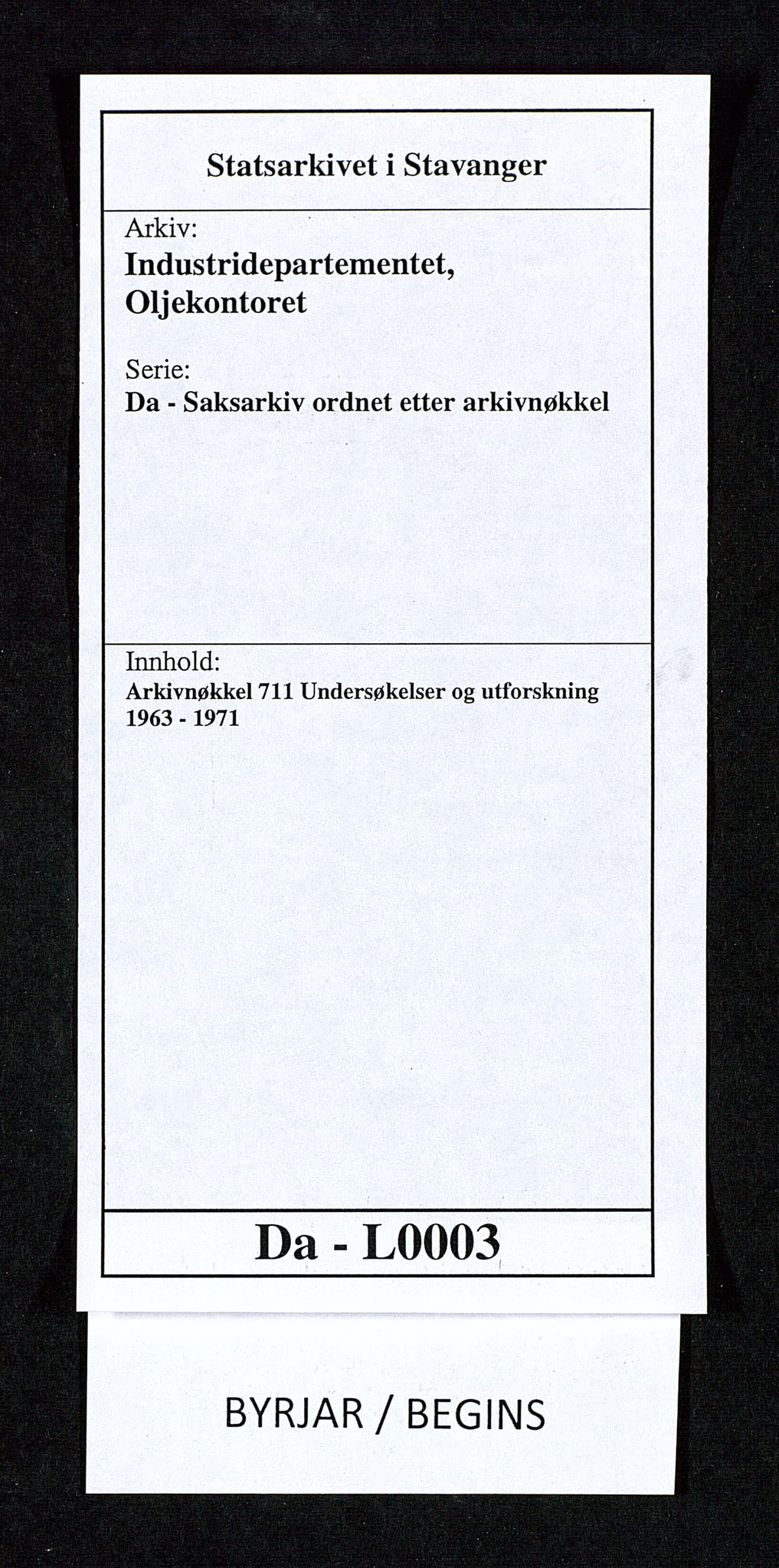 Industridepartementet, Oljekontoret, AV/SAST-A-101348/Da/L0003: Arkivnøkkel 711 Undersøkelser og utforskning, 1963-1971, p. 1