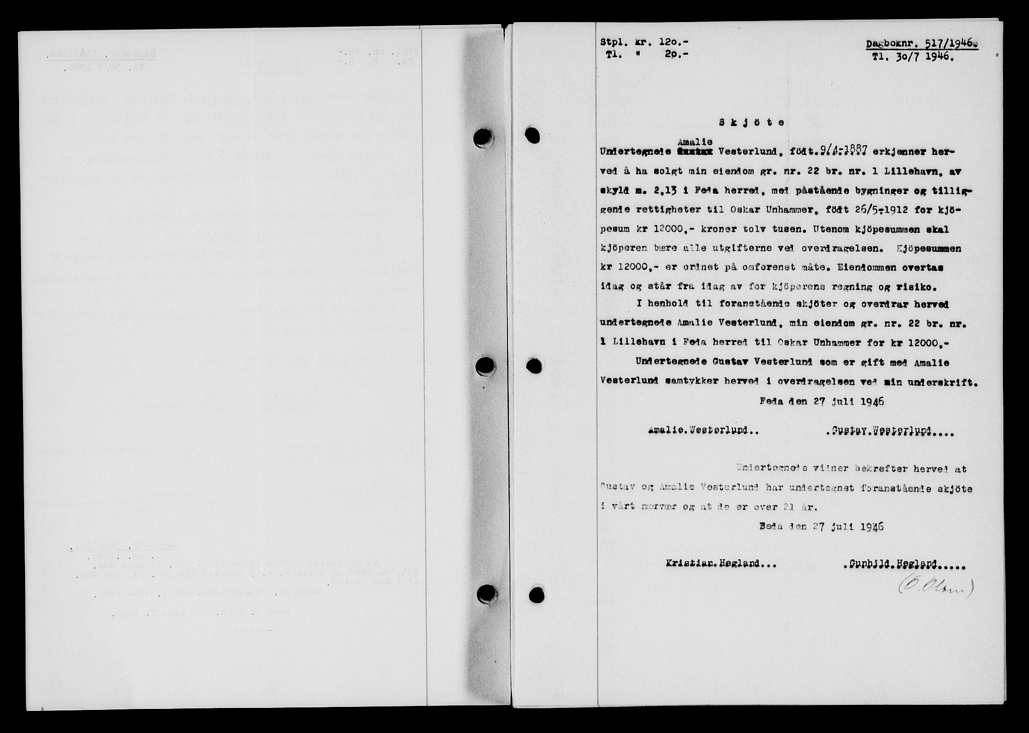 Flekkefjord sorenskriveri, SAK/1221-0001/G/Gb/Gba/L0060: Mortgage book no. A-8, 1945-1946, Diary no: : 517/1946