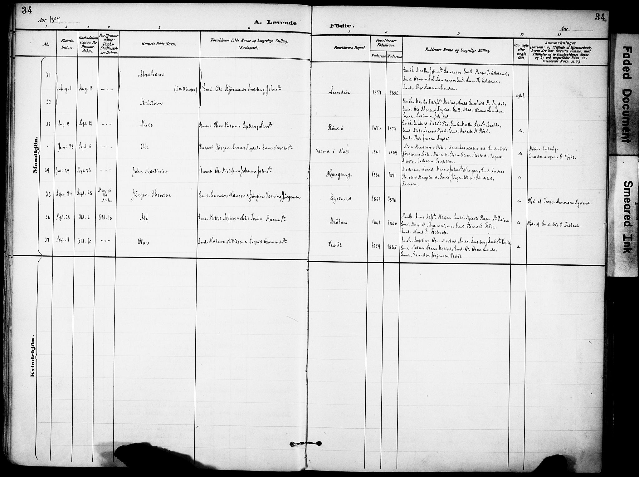 Gjerstad sokneprestkontor, AV/SAK-1111-0014/F/Fa/Faa/L0010: Parish register (official) no. A 10, 1891-1902, p. 34