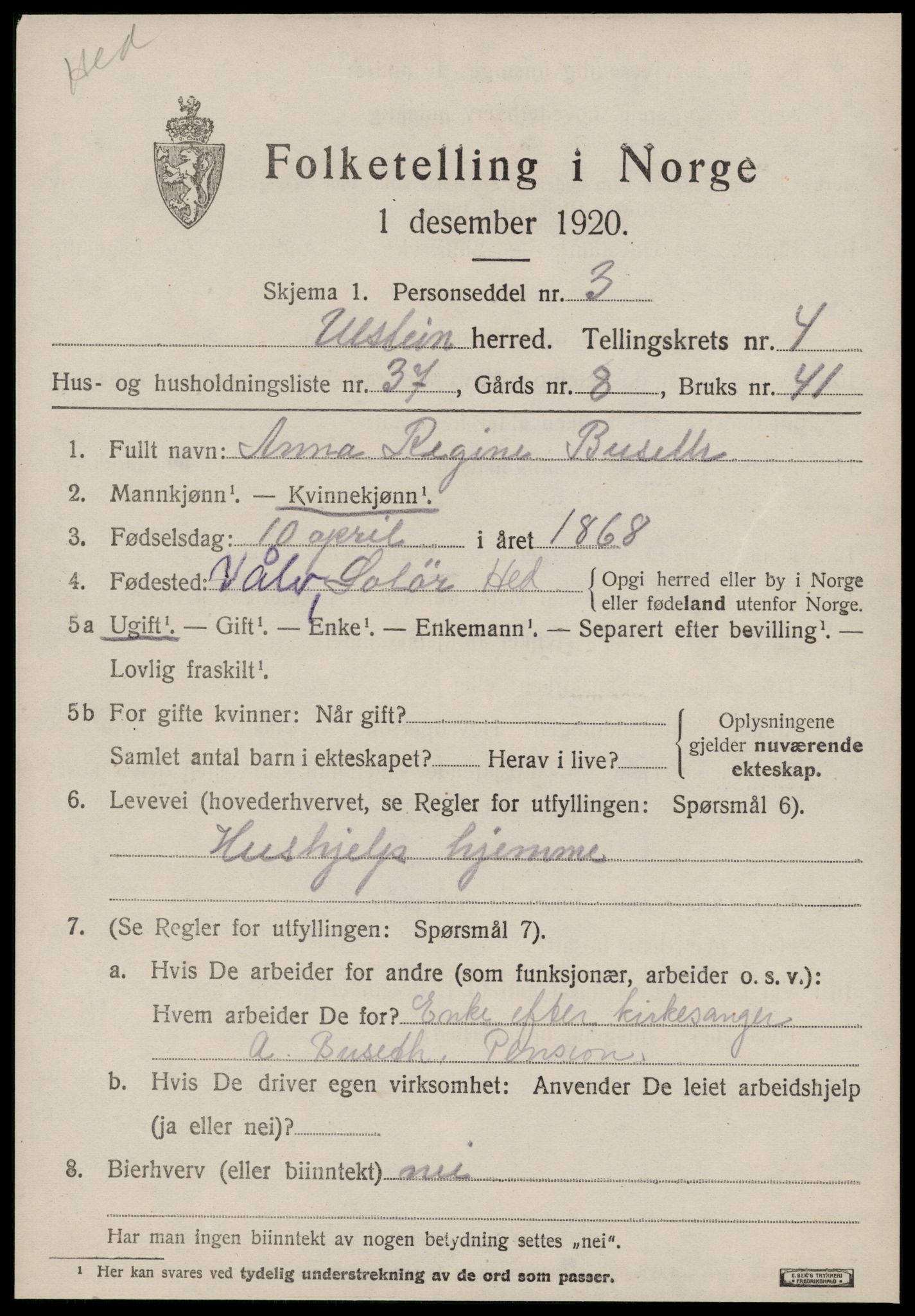 SAT, 1920 census for Ulstein, 1920, p. 3110