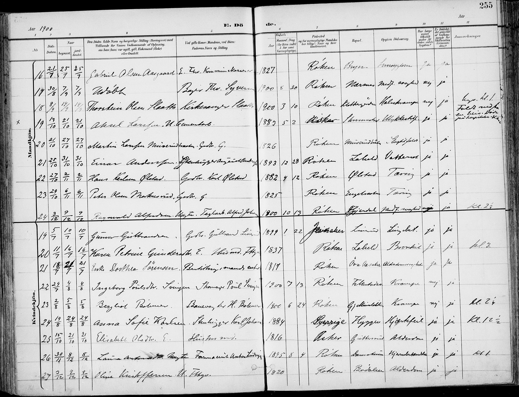 Røyken kirkebøker, AV/SAKO-A-241/F/Fa/L0009: Parish register (official) no. 9, 1898-1911, p. 255