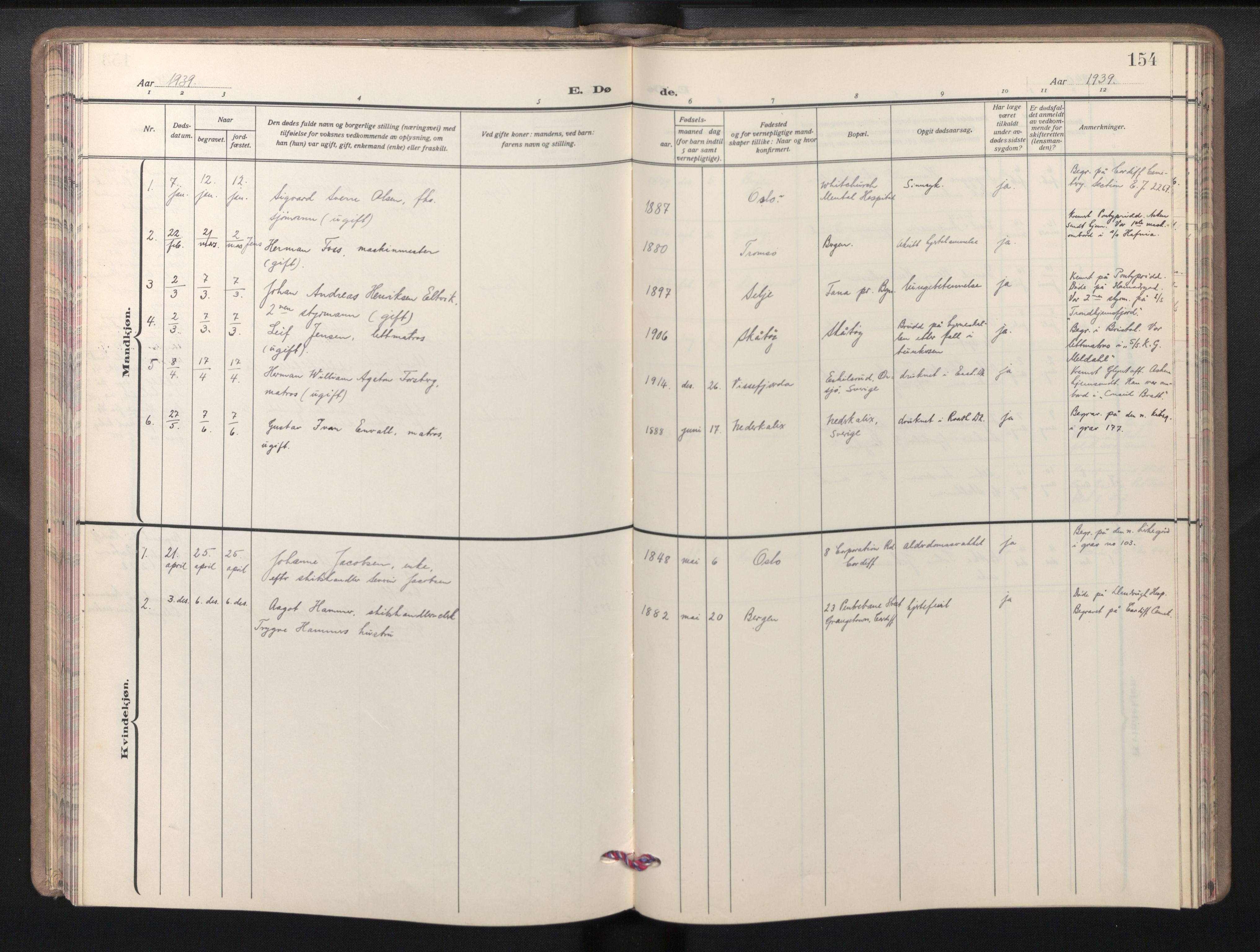 Den norske sjømannsmisjon i utlandet/Bristolhavnene(Cardiff-Swansea), SAB/SAB/PA-0102/H/Ha/Haa/L0003: Parish register (official) no. A 3, 1932-1966, p. 153b-154a