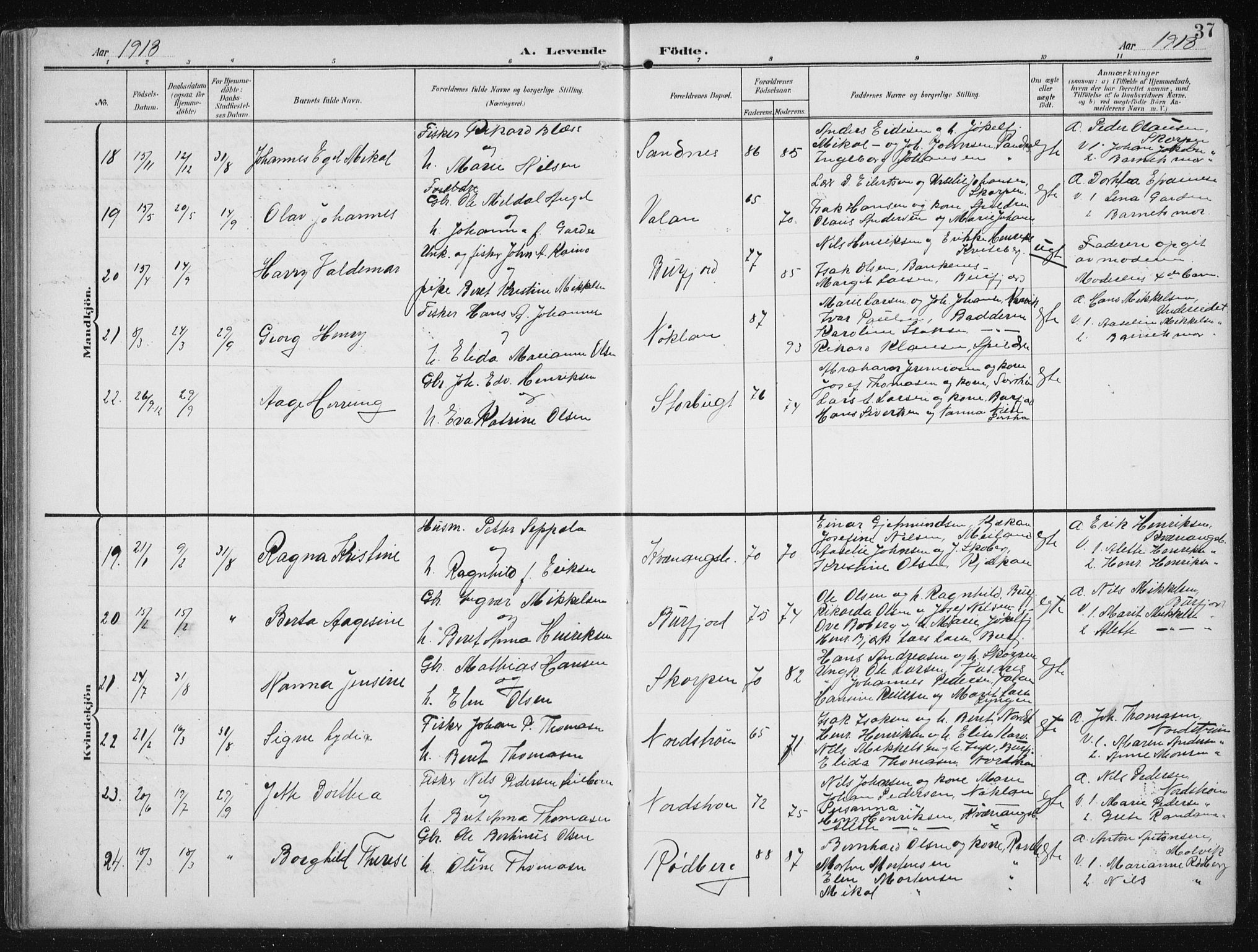 Skjervøy sokneprestkontor, SATØ/S-1300/H/Ha/Hab/L0017klokker: Parish register (copy) no. 17, 1906-1941, p. 37