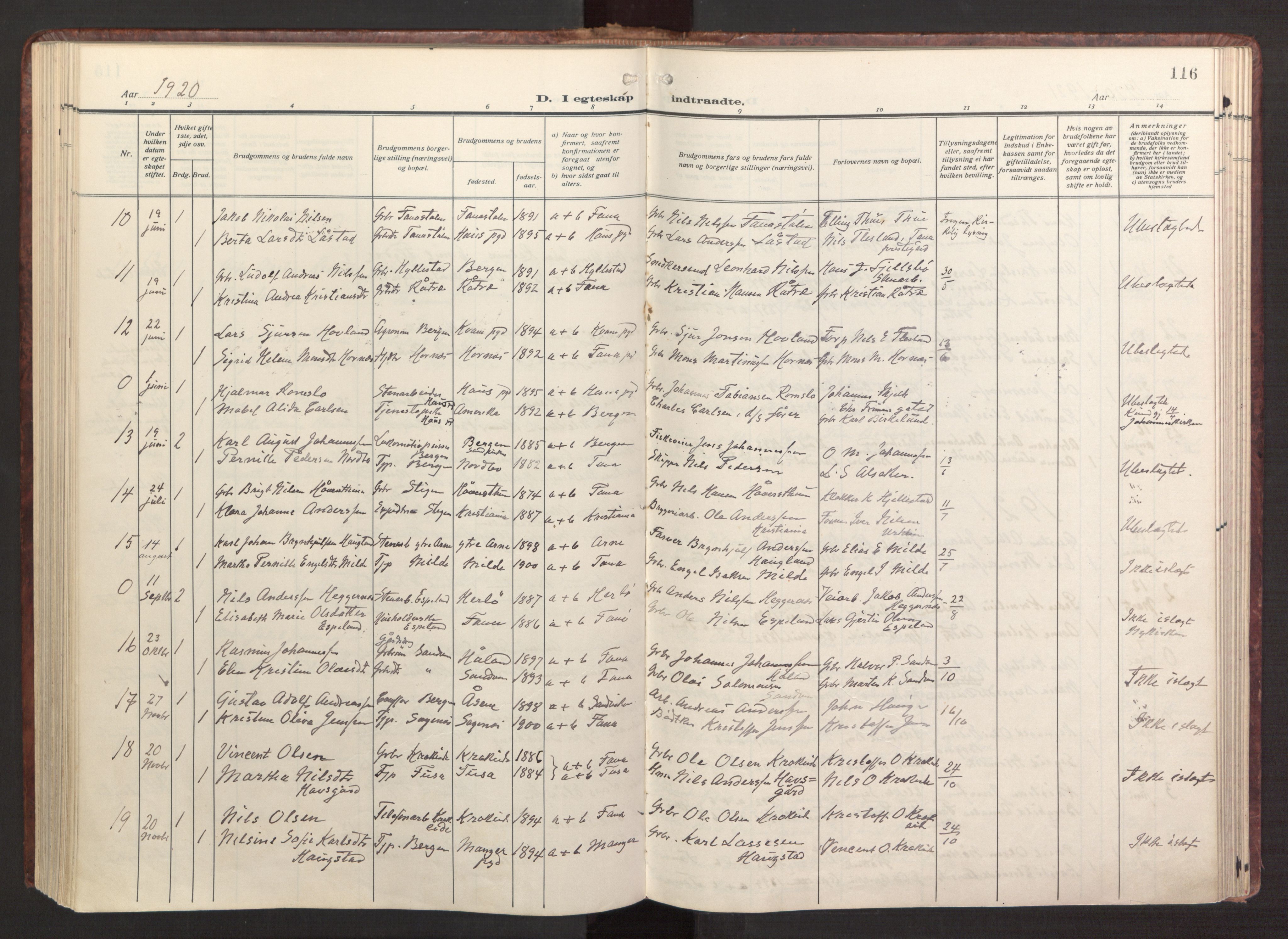 Fana Sokneprestembete, AV/SAB-A-75101/H/Haa/Haab/L0005: Parish register (official) no. B 5, 1915-1923, p. 116