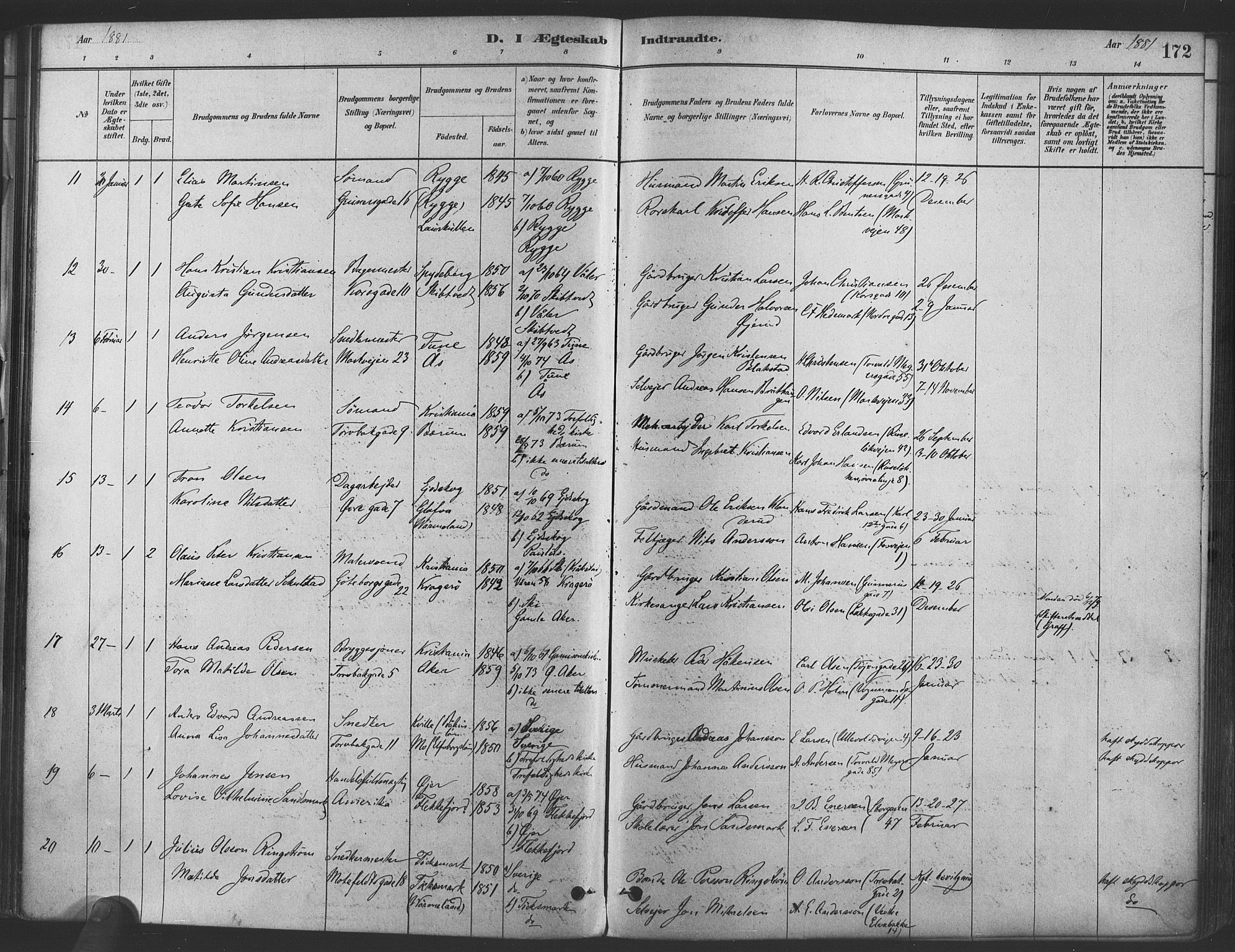 Paulus prestekontor Kirkebøker, AV/SAO-A-10871/F/Fa/L0004: Parish register (official) no. 4, 1879-1891, p. 172