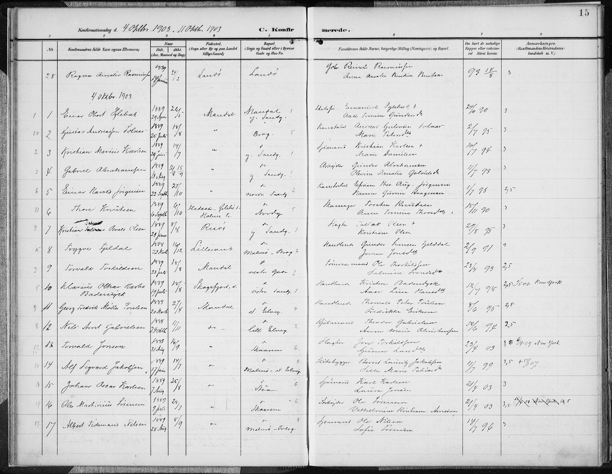 Mandal sokneprestkontor, SAK/1111-0030/F/Fa/Faa/L0019: Parish register (official) no. A 19, 1902-1912, p. 15