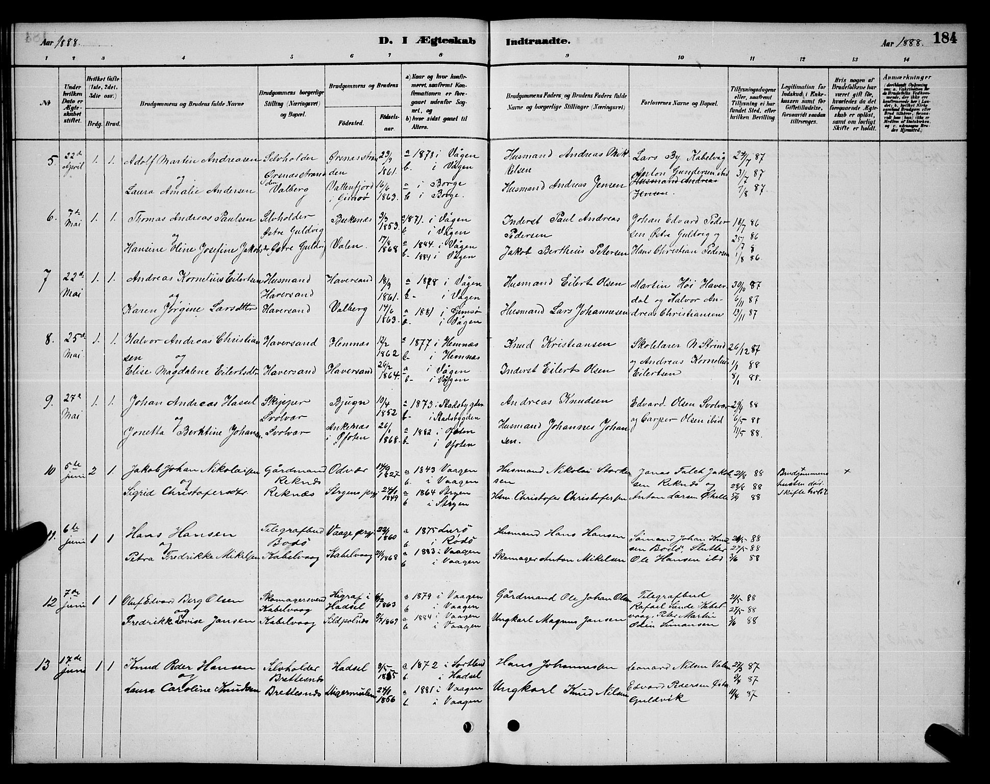 Ministerialprotokoller, klokkerbøker og fødselsregistre - Nordland, AV/SAT-A-1459/874/L1076: Parish register (copy) no. 874C05, 1884-1890, p. 184