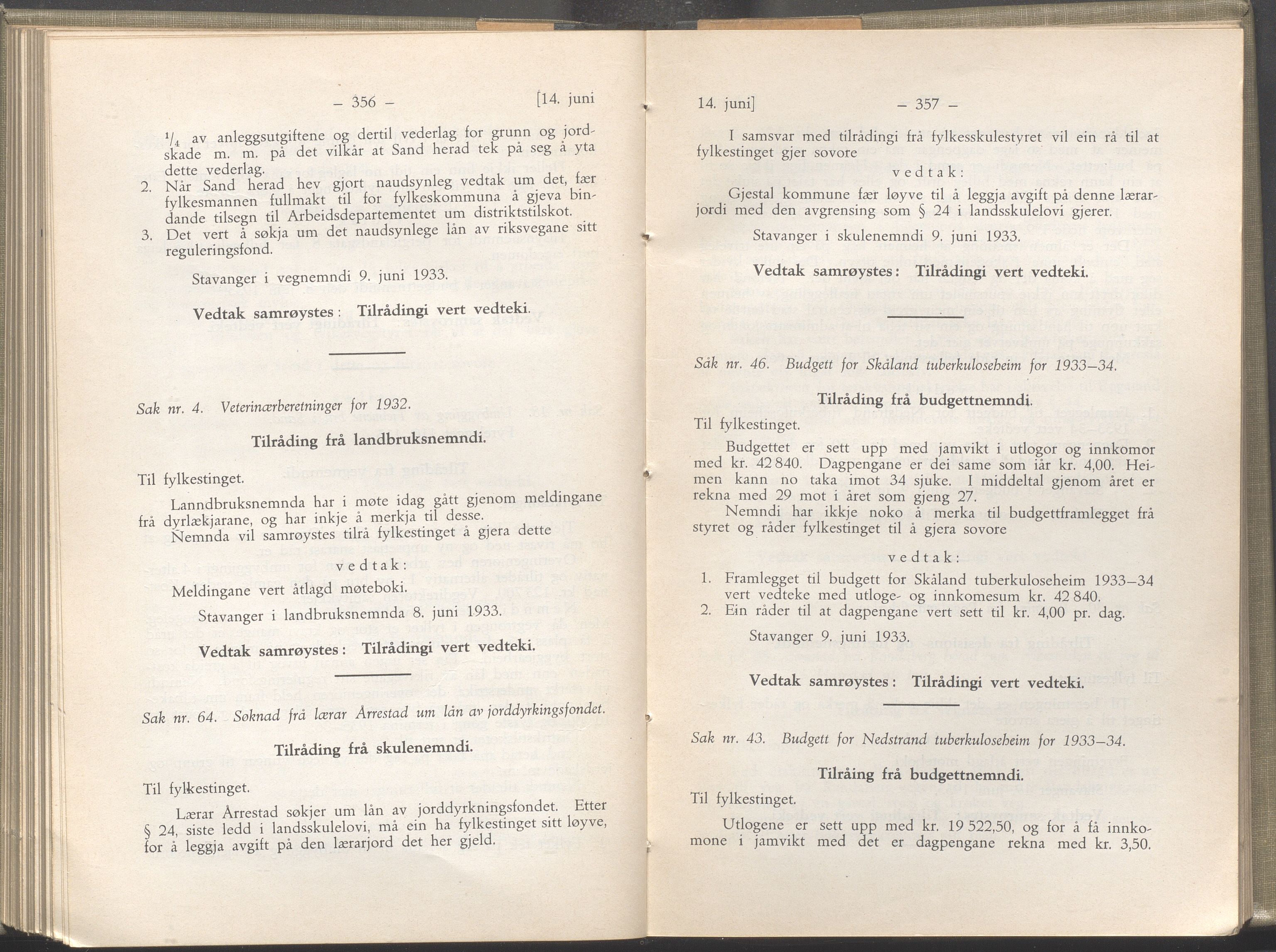 Rogaland fylkeskommune - Fylkesrådmannen , IKAR/A-900/A/Aa/Aaa/L0052: Møtebok , 1933, p. 356-357