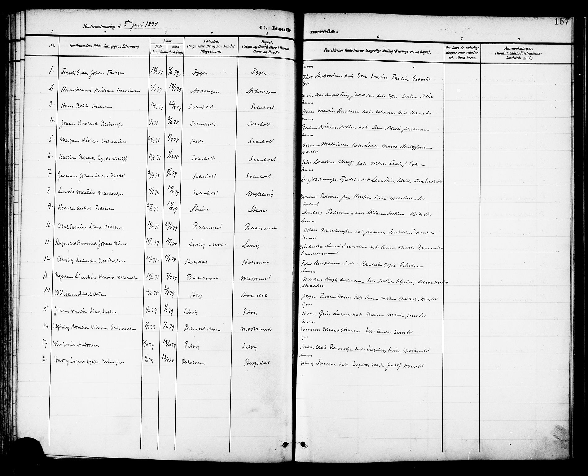 Ministerialprotokoller, klokkerbøker og fødselsregistre - Nordland, AV/SAT-A-1459/882/L1179: Parish register (official) no. 882A01, 1886-1898, p. 157