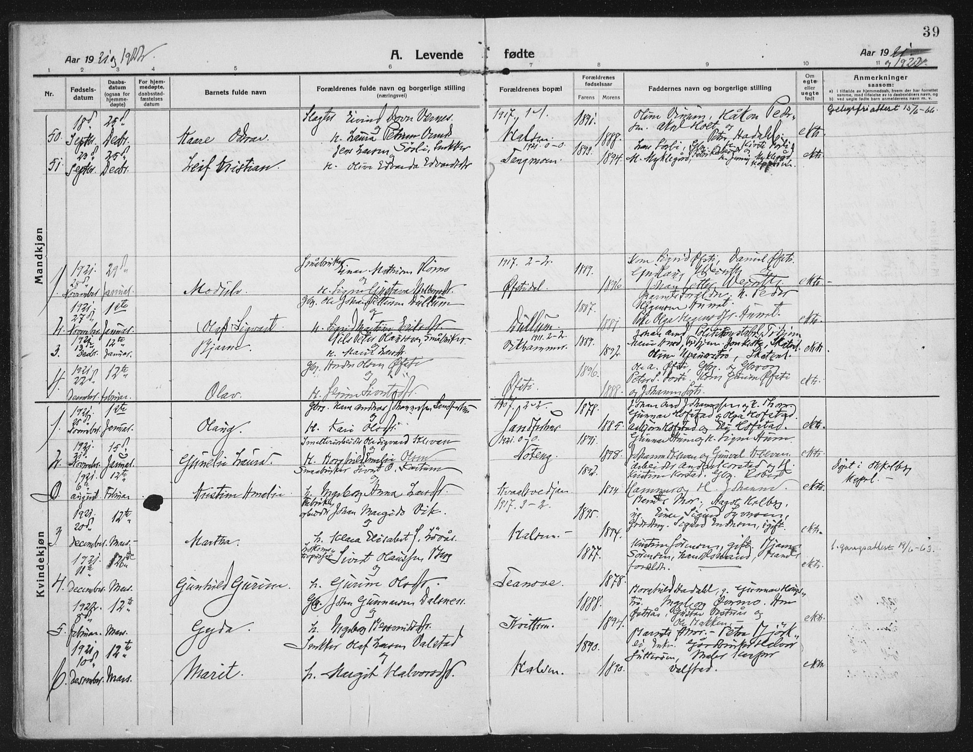 Ministerialprotokoller, klokkerbøker og fødselsregistre - Nord-Trøndelag, SAT/A-1458/709/L0083: Parish register (official) no. 709A23, 1916-1928, p. 39