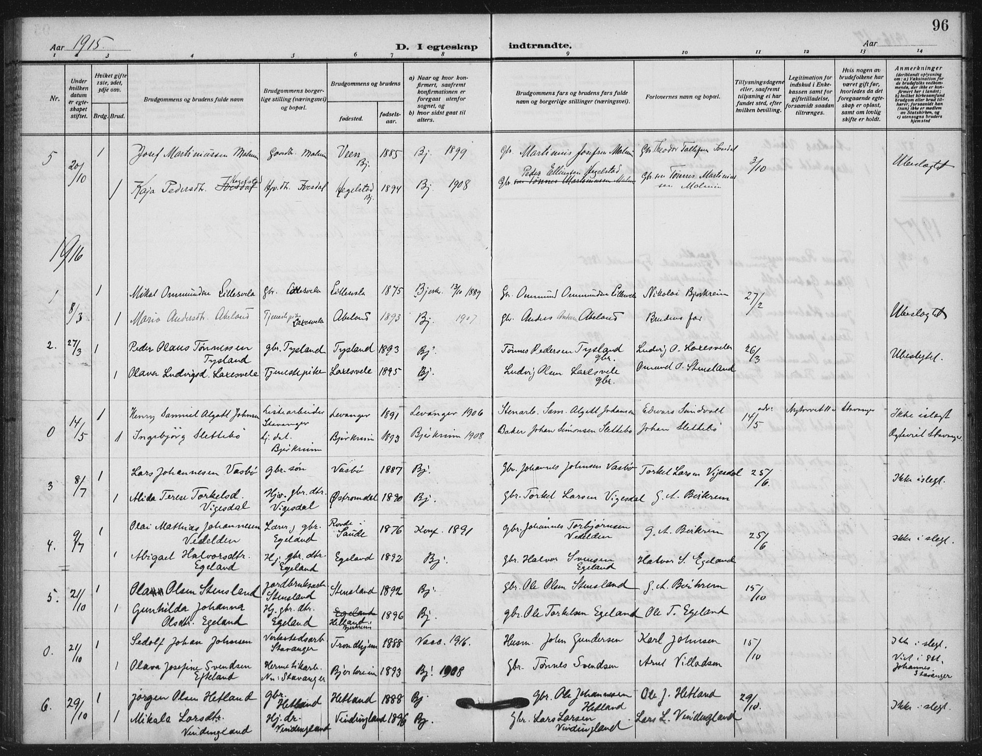 Helleland sokneprestkontor, AV/SAST-A-101810: Parish register (official) no. A 11, 1909-1922, p. 96