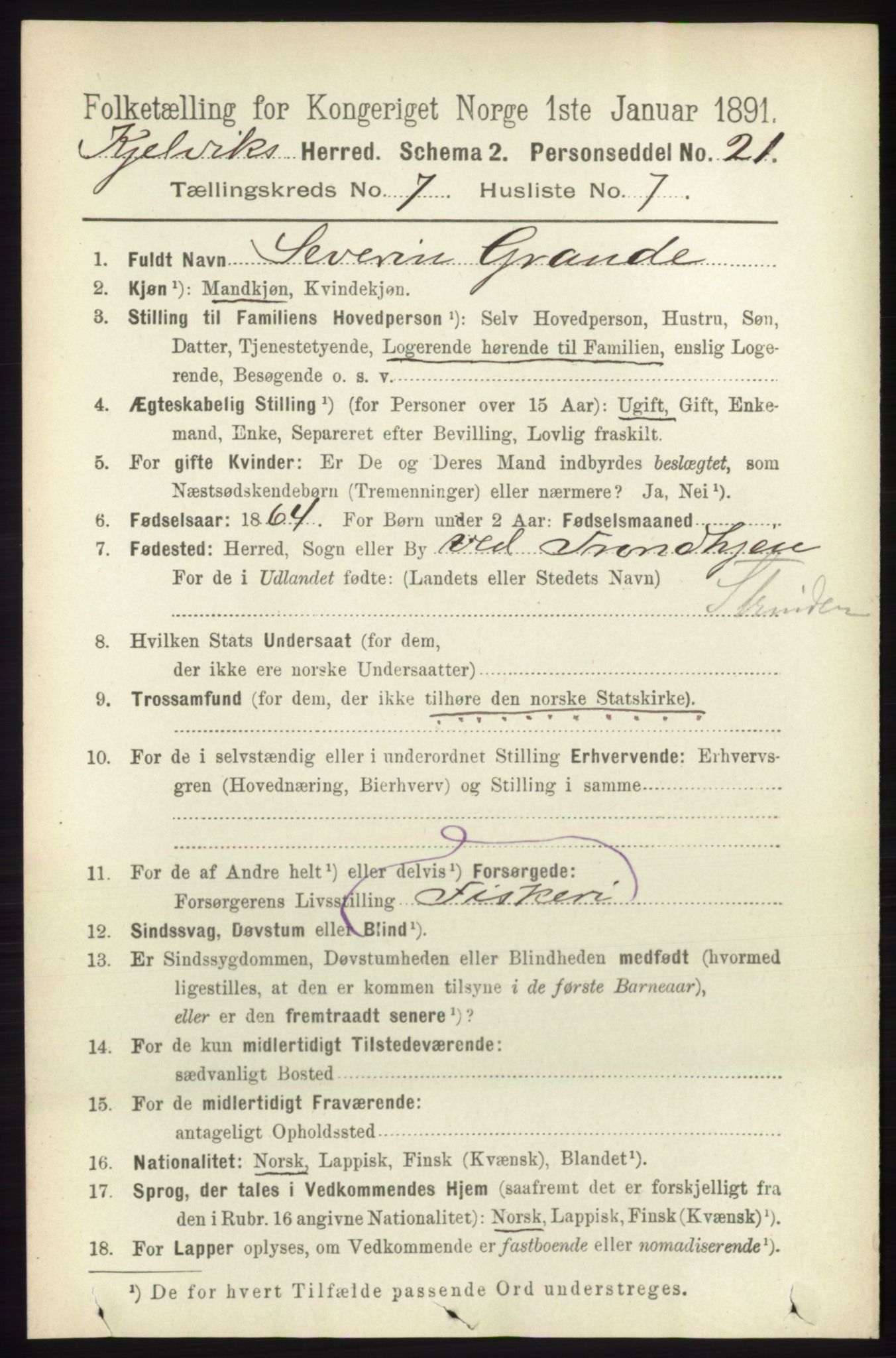 RA, 1891 census for 2019 Kjelvik, 1891, p. 945