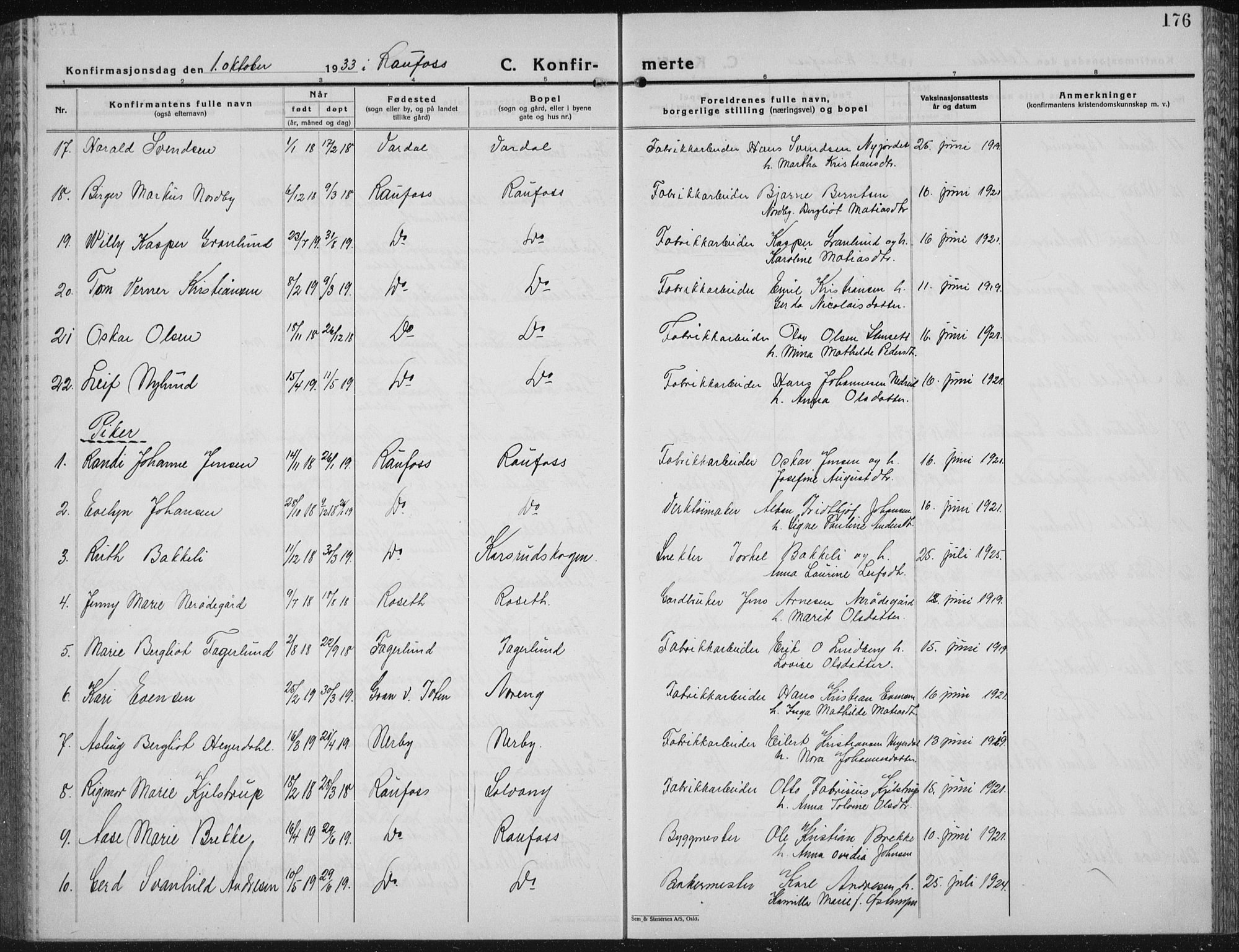 Vestre Toten prestekontor, SAH/PREST-108/H/Ha/Hab/L0018: Parish register (copy) no. 18, 1928-1941, p. 176