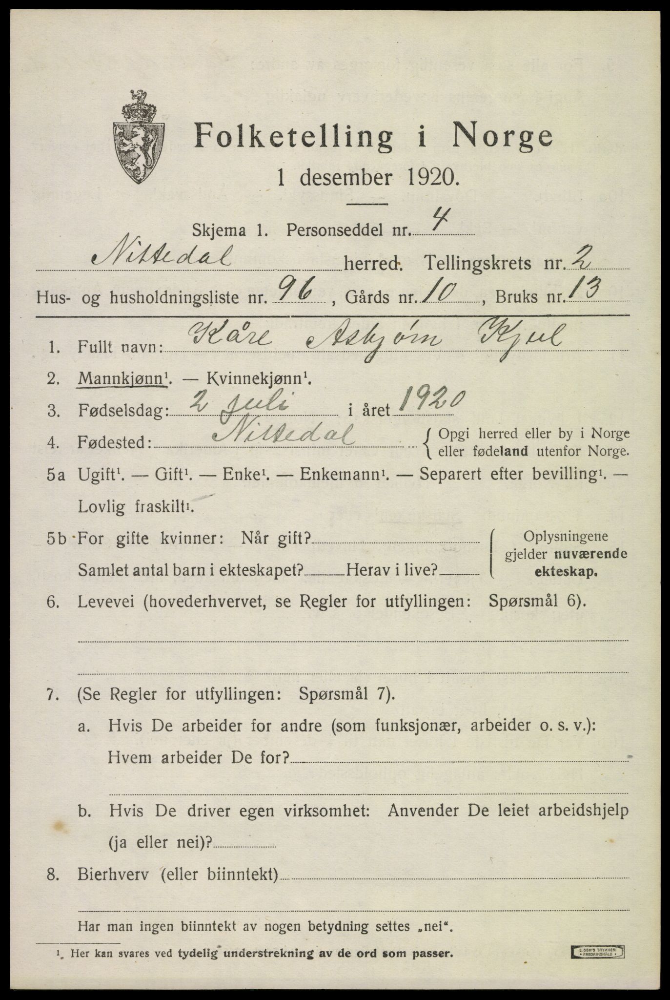 SAO, 1920 census for Nittedal, 1920, p. 2872