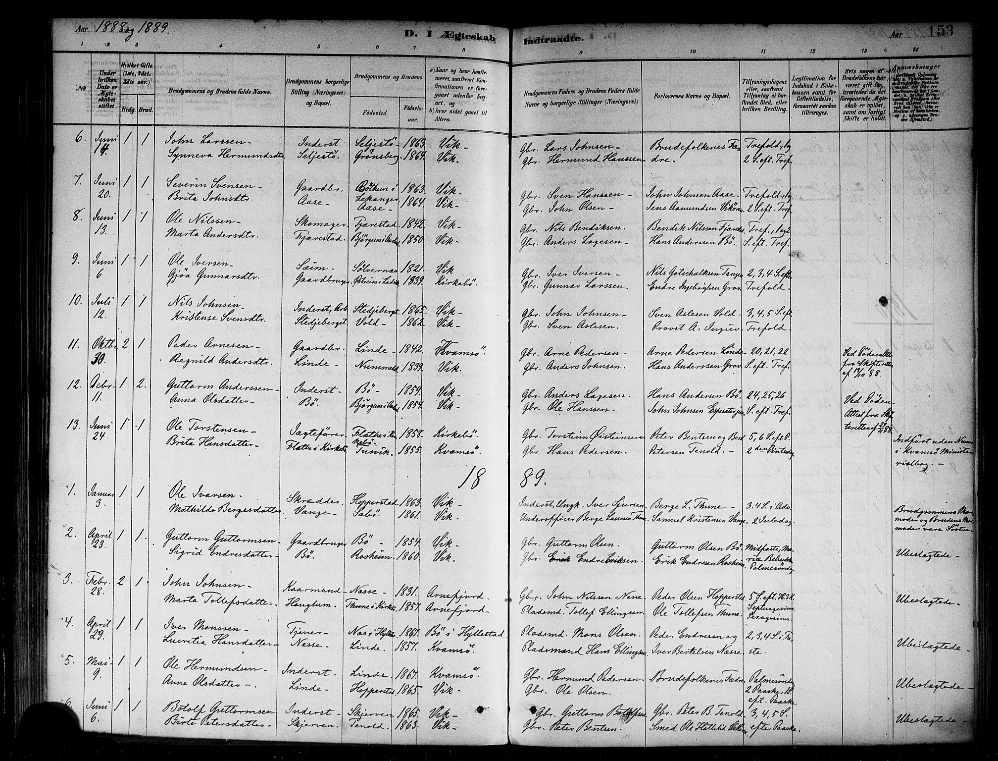 Vik sokneprestembete, SAB/A-81501: Parish register (official) no. B 1, 1878-1890, p. 153