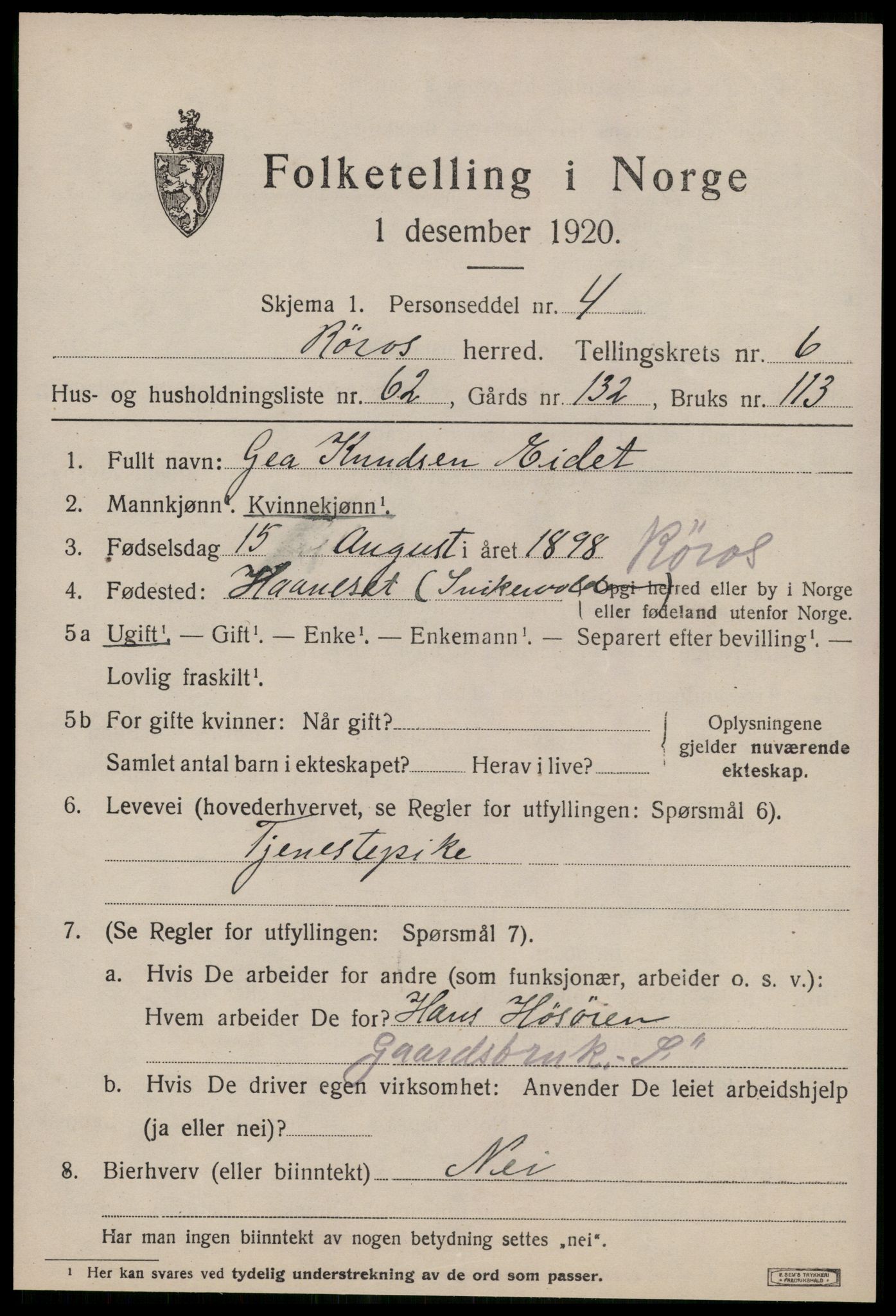 SAT, 1920 census for Røros, 1920, p. 6906