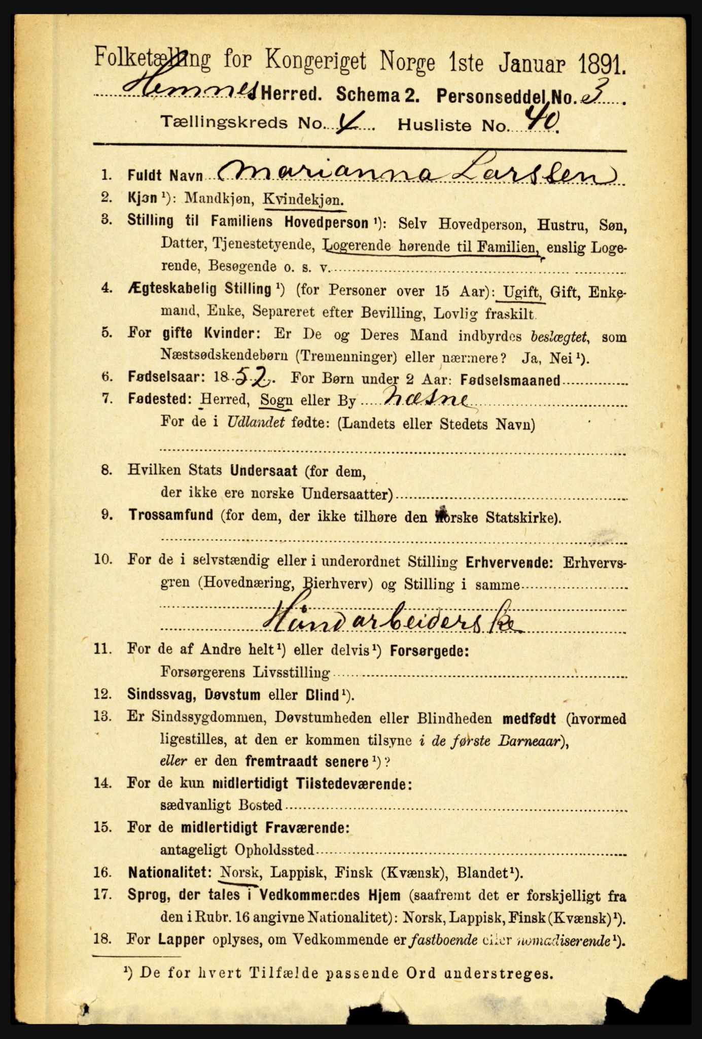 RA, 1891 census for 1832 Hemnes, 1891, p. 2492