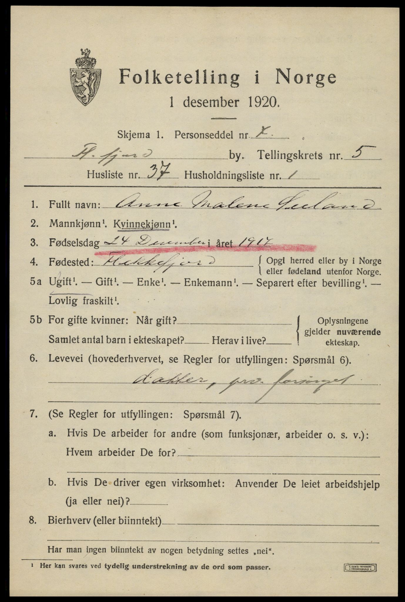 SAK, 1920 census for Flekkefjord, 1920, p. 5756