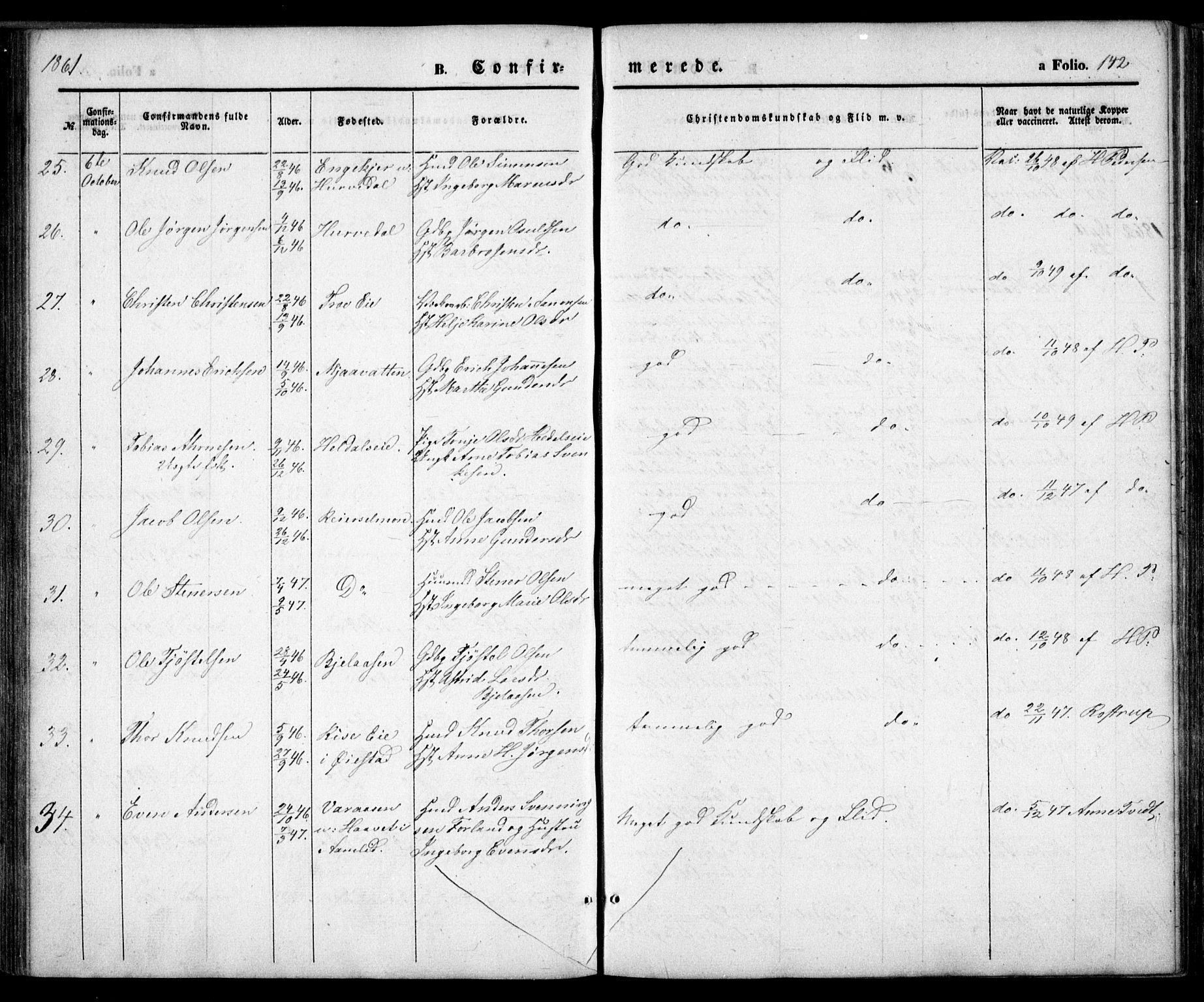 Froland sokneprestkontor, SAK/1111-0013/F/Fa/L0002: Parish register (official) no. A 2, 1845-1863, p. 142