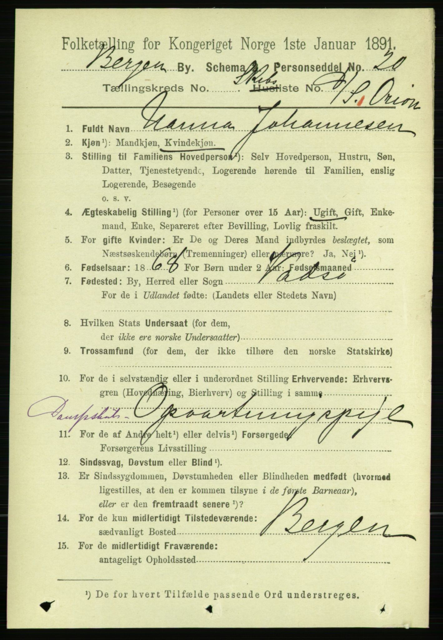 RA, 1891 Census for 1301 Bergen, 1891, p. 64449