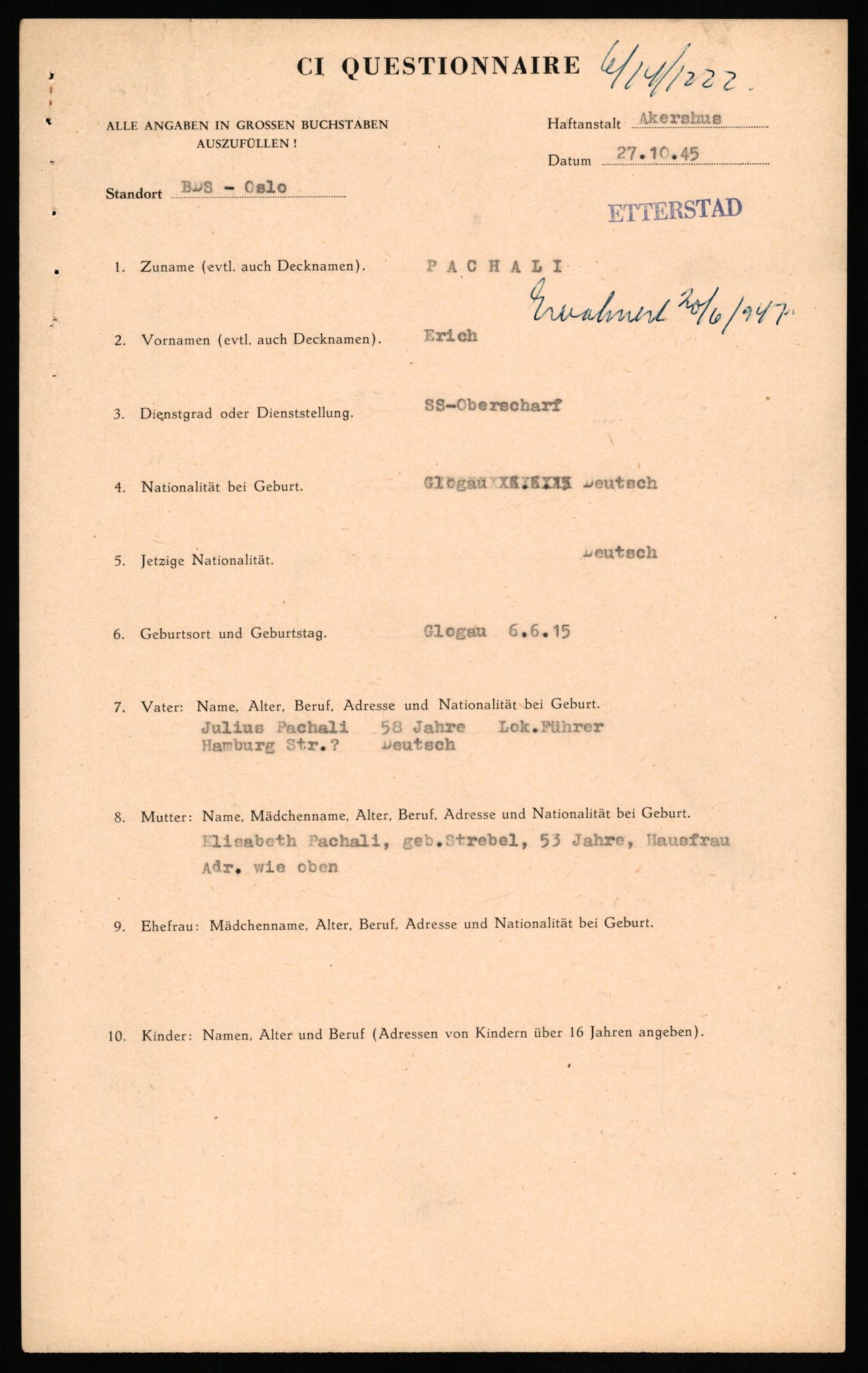 Forsvaret, Forsvarets overkommando II, AV/RA-RAFA-3915/D/Db/L0025: CI Questionaires. Tyske okkupasjonsstyrker i Norge. Tyskere., 1945-1946, p. 286