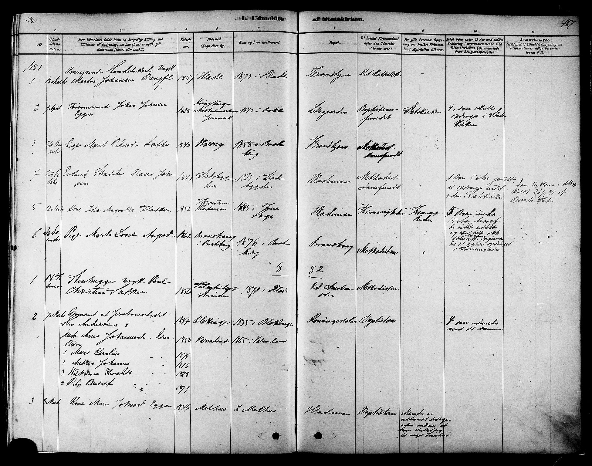Ministerialprotokoller, klokkerbøker og fødselsregistre - Sør-Trøndelag, SAT/A-1456/606/L0294: Parish register (official) no. 606A09, 1878-1886, p. 467