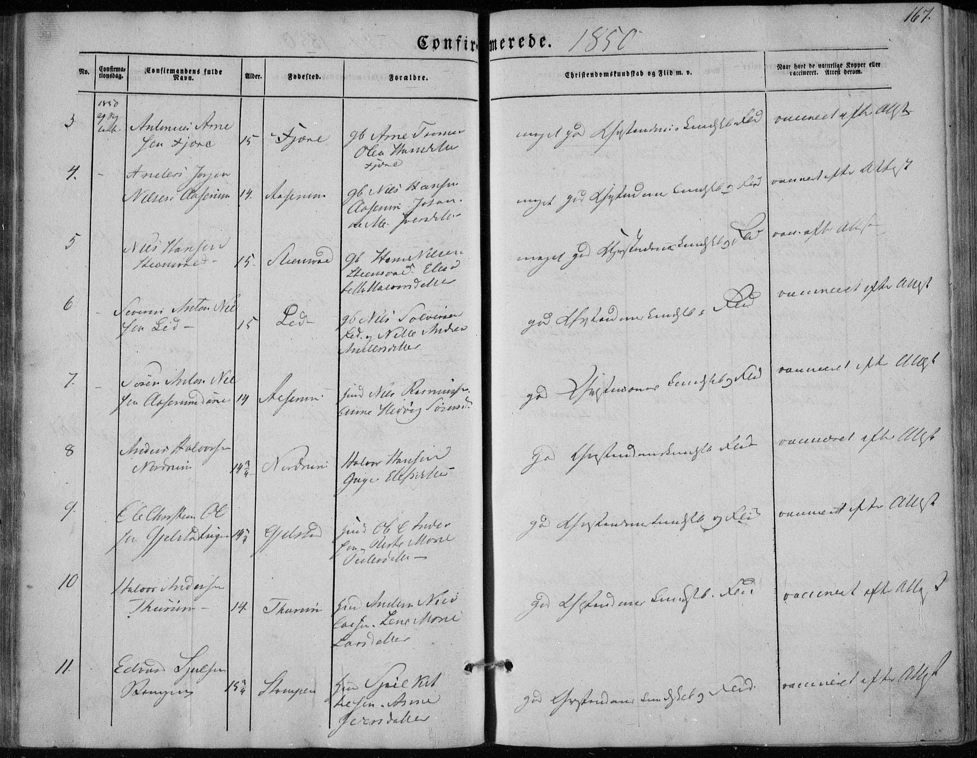 Hedrum kirkebøker, AV/SAKO-A-344/F/Fa/L0006: Parish register (official) no. I 6, 1849-1857, p. 167