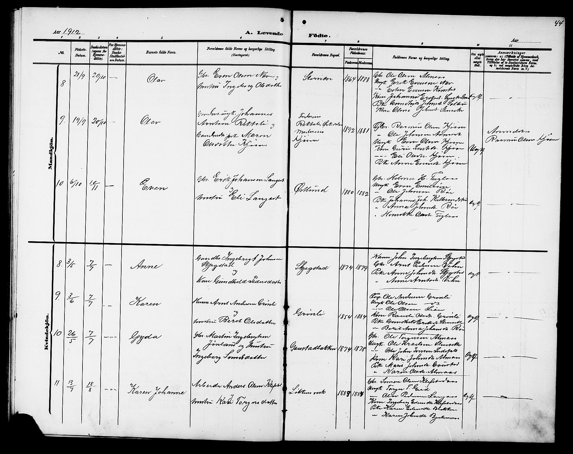 Ministerialprotokoller, klokkerbøker og fødselsregistre - Sør-Trøndelag, SAT/A-1456/694/L1133: Parish register (copy) no. 694C05, 1901-1914, p. 44
