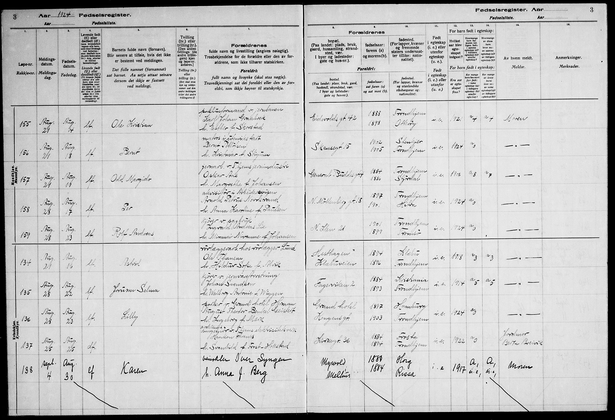 Ministerialprotokoller, klokkerbøker og fødselsregistre - Sør-Trøndelag, AV/SAT-A-1456/600/L0004: Birth register no. 600.II.4.3, 1924-1928, p. 3