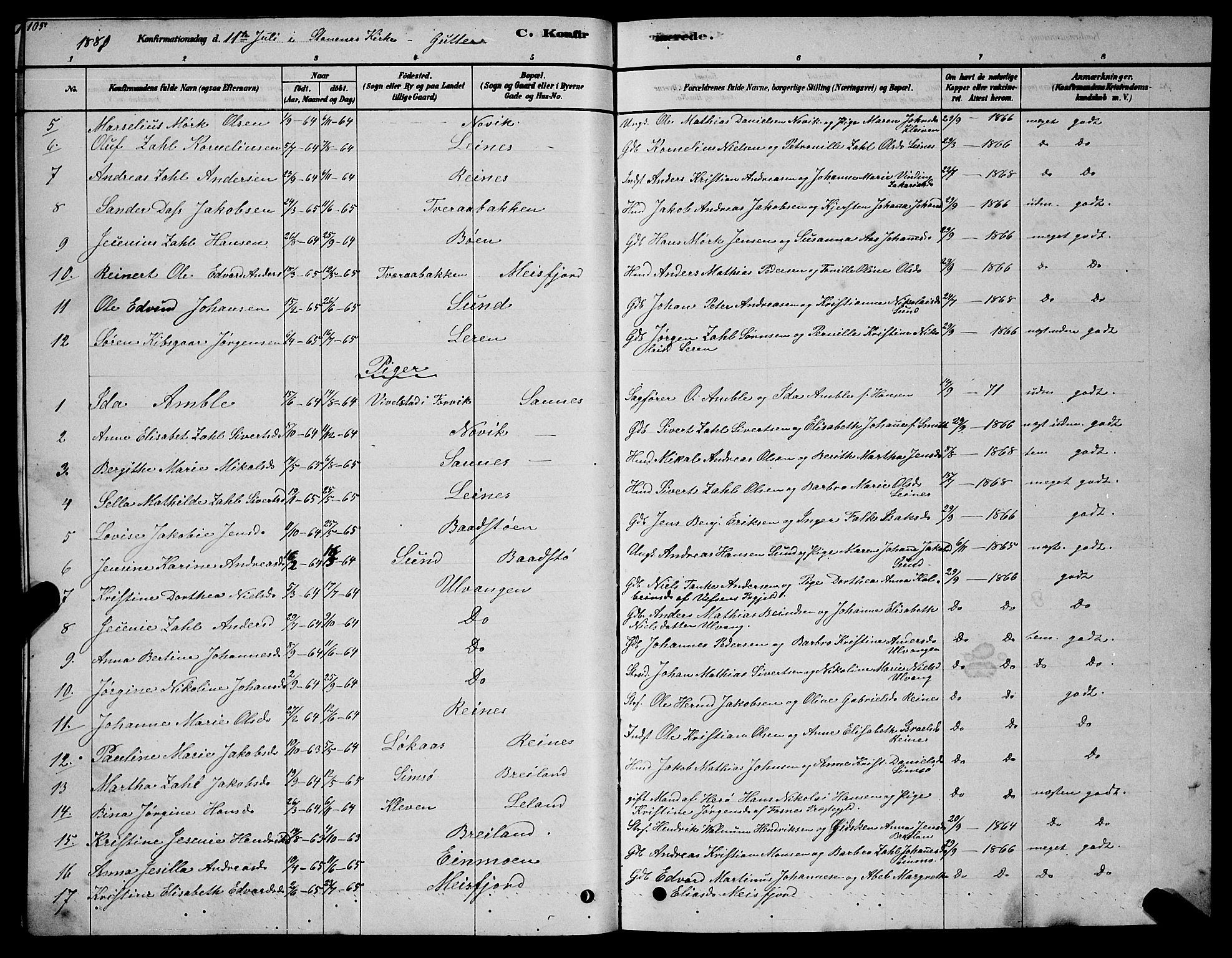 Ministerialprotokoller, klokkerbøker og fødselsregistre - Nordland, AV/SAT-A-1459/831/L0477: Parish register (copy) no. 831C04, 1878-1897, p. 105