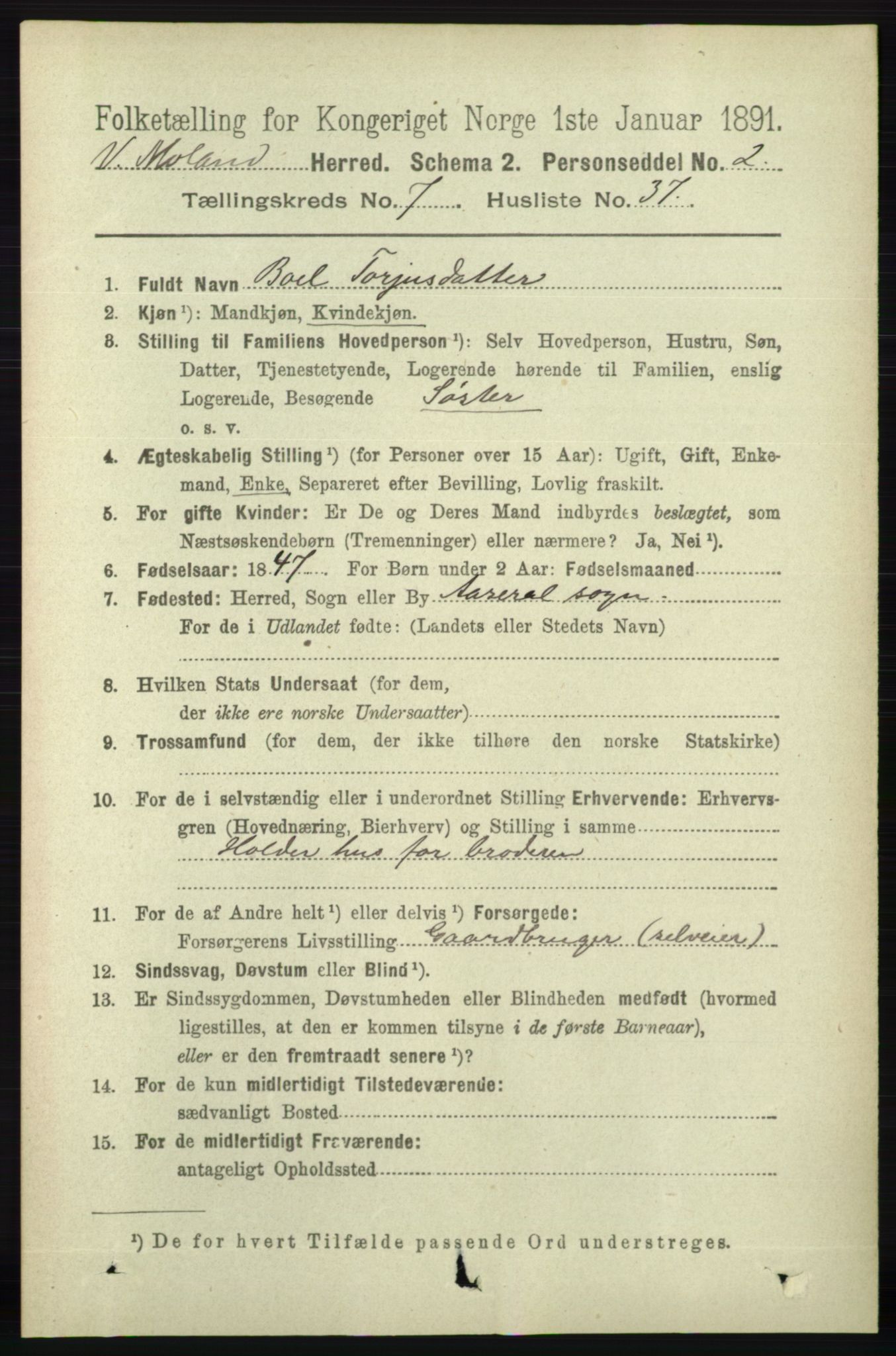 RA, 1891 census for 0926 Vestre Moland, 1891, p. 2966