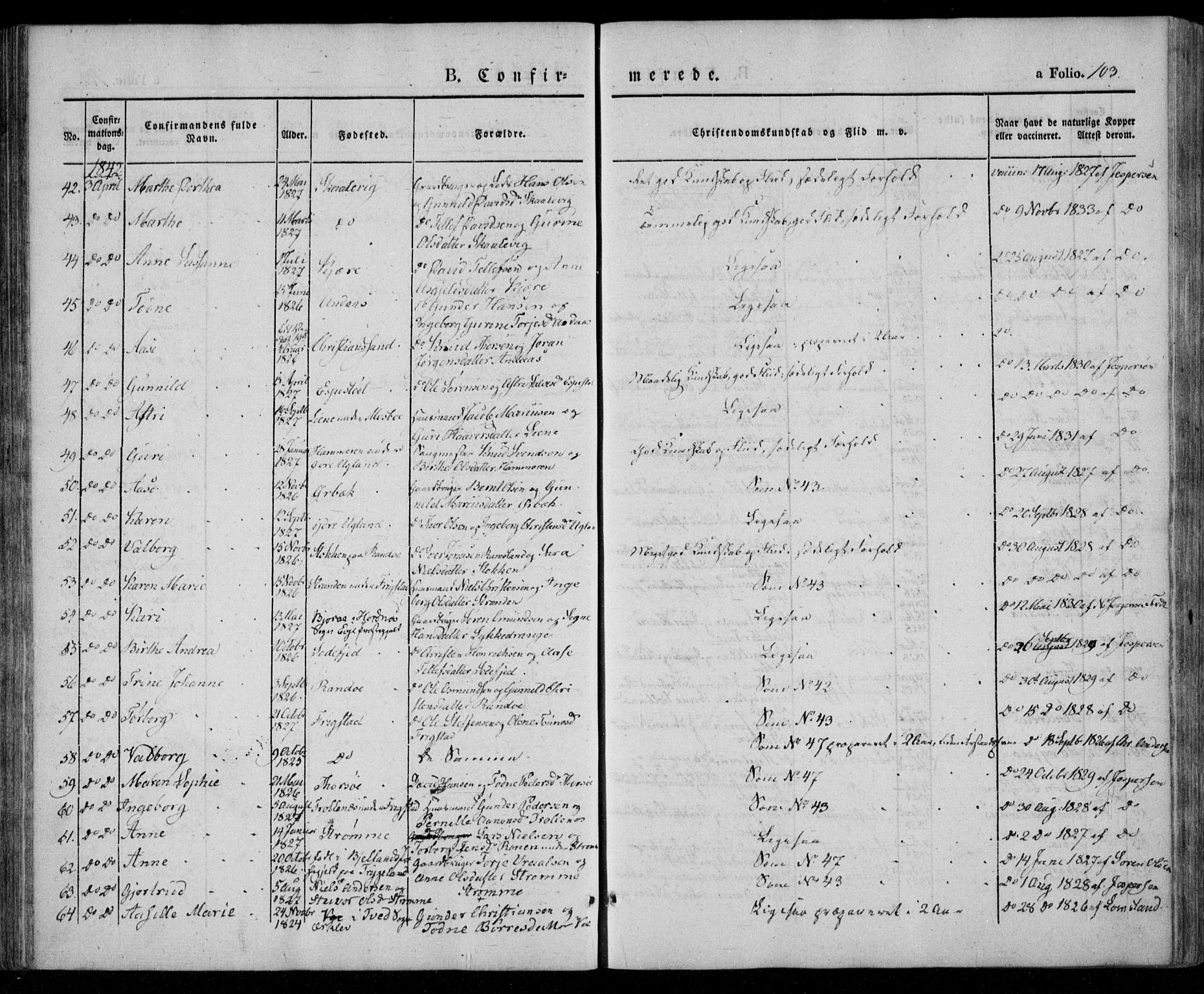 Oddernes sokneprestkontor, SAK/1111-0033/F/Fa/Faa/L0006: Parish register (official) no. A 6, 1838-1851, p. 103