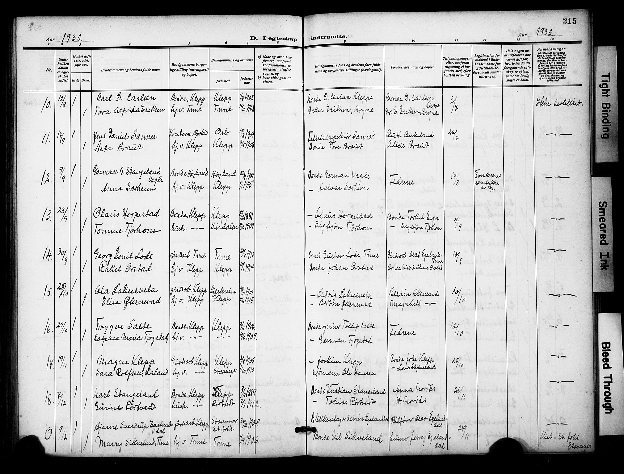 Klepp sokneprestkontor, SAST/A-101803/001/3/30BB/L0007: Parish register (copy) no. B 7, 1908-1934, p. 215