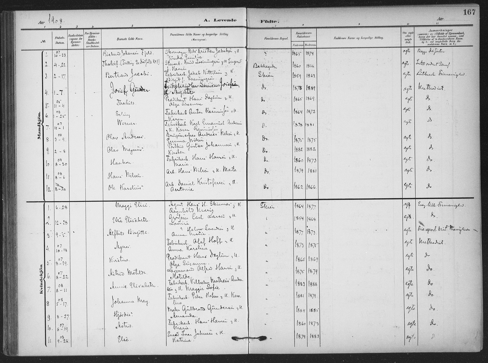Skien kirkebøker, SAKO/A-302/F/Fa/L0012: Parish register (official) no. 12, 1908-1914, p. 167