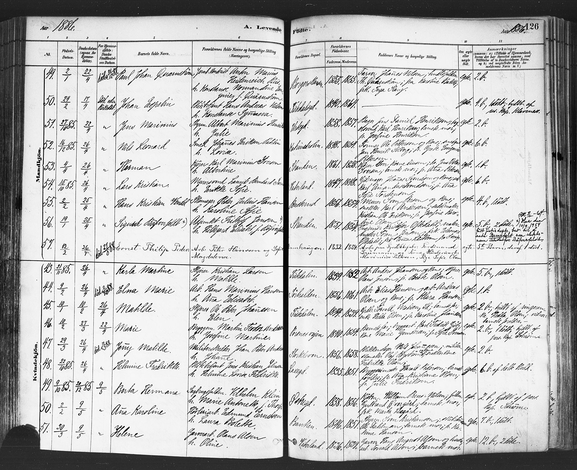 Halden prestekontor Kirkebøker, SAO/A-10909/F/Fa/L0011: Parish register (official) no. I 11, 1878-1889, p. 126