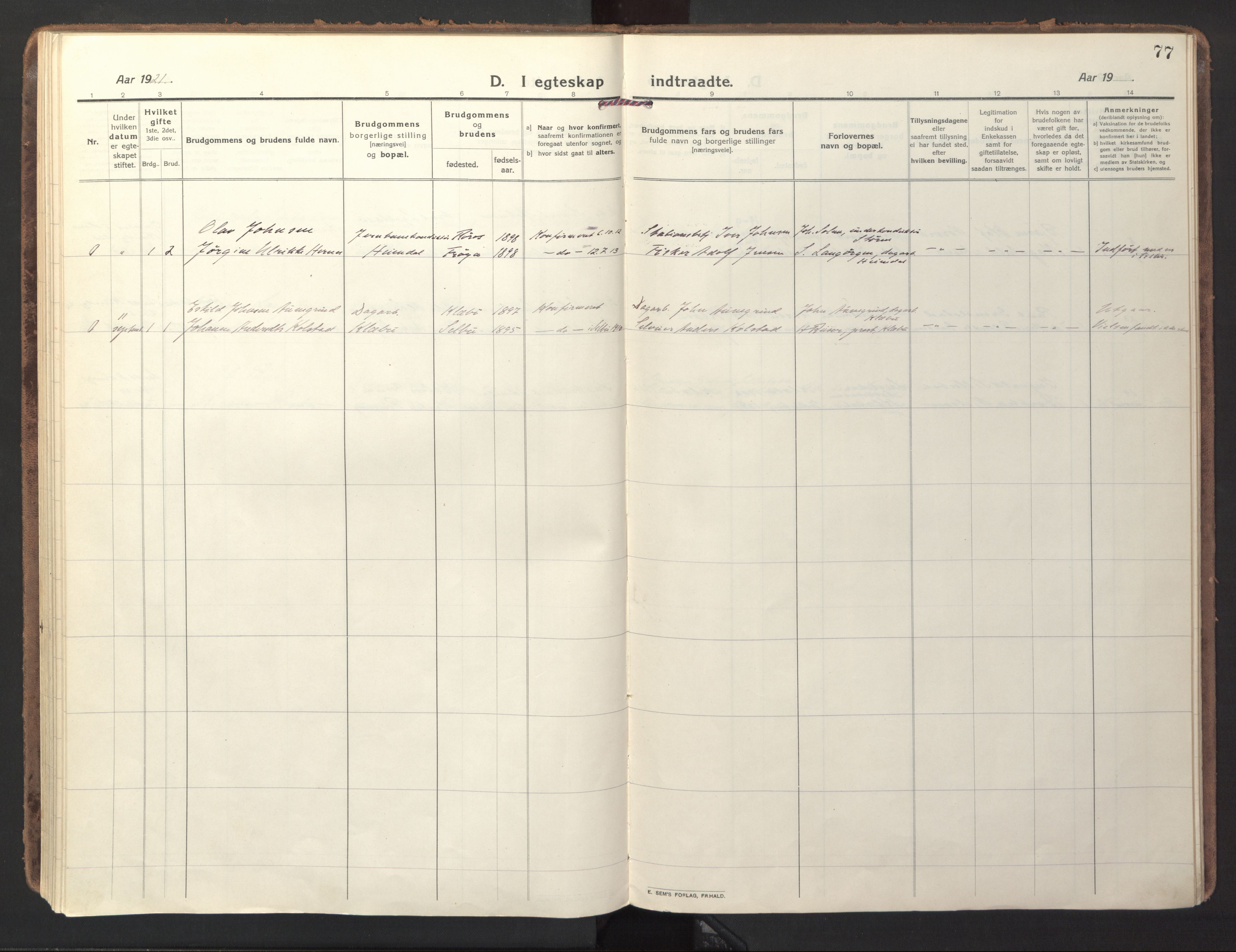 Ministerialprotokoller, klokkerbøker og fødselsregistre - Sør-Trøndelag, AV/SAT-A-1456/618/L0449: Parish register (official) no. 618A12, 1917-1924, p. 77