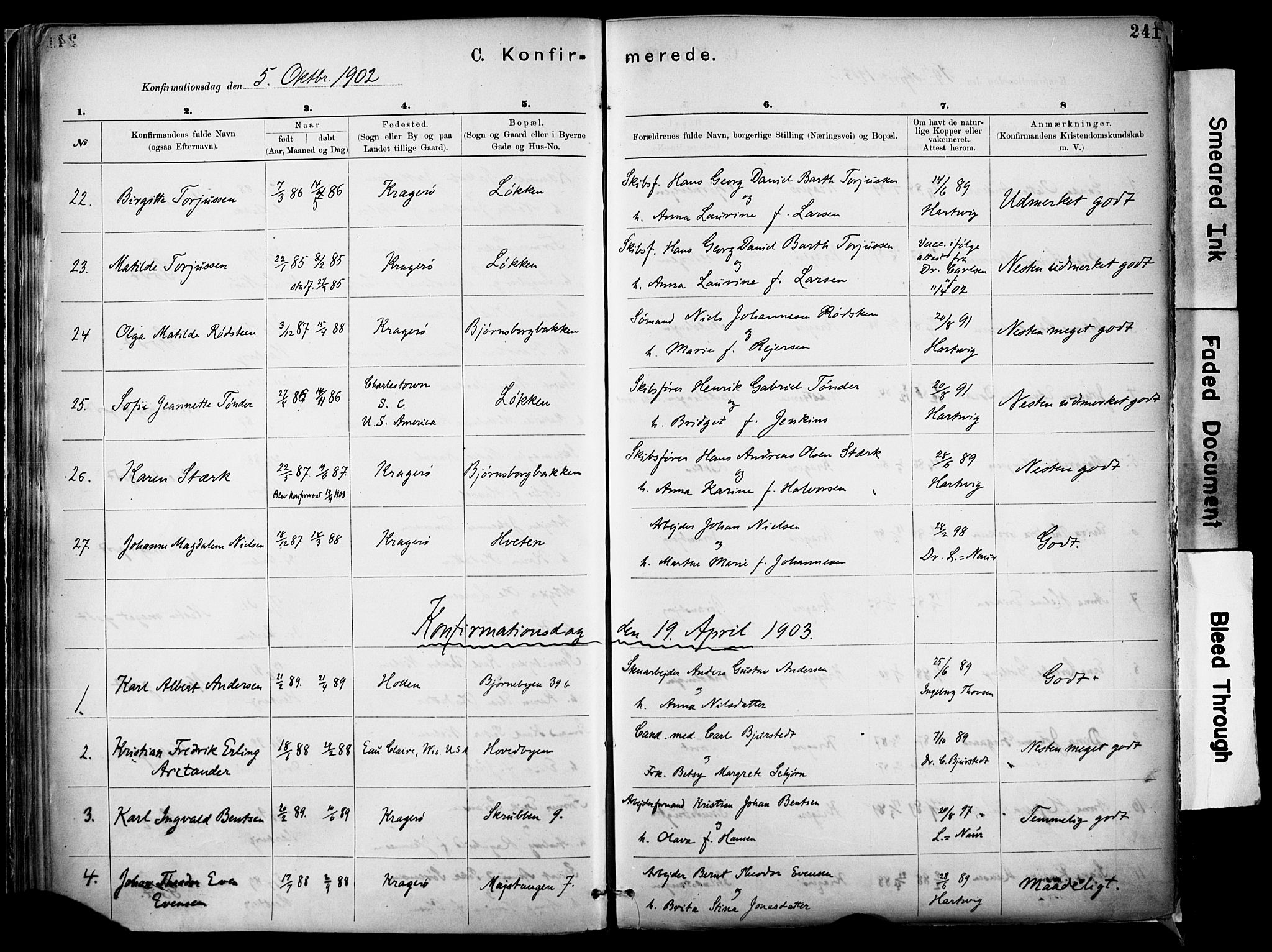 Kragerø kirkebøker, SAKO/A-278/F/Fa/L0012: Parish register (official) no. 12, 1880-1904, p. 241