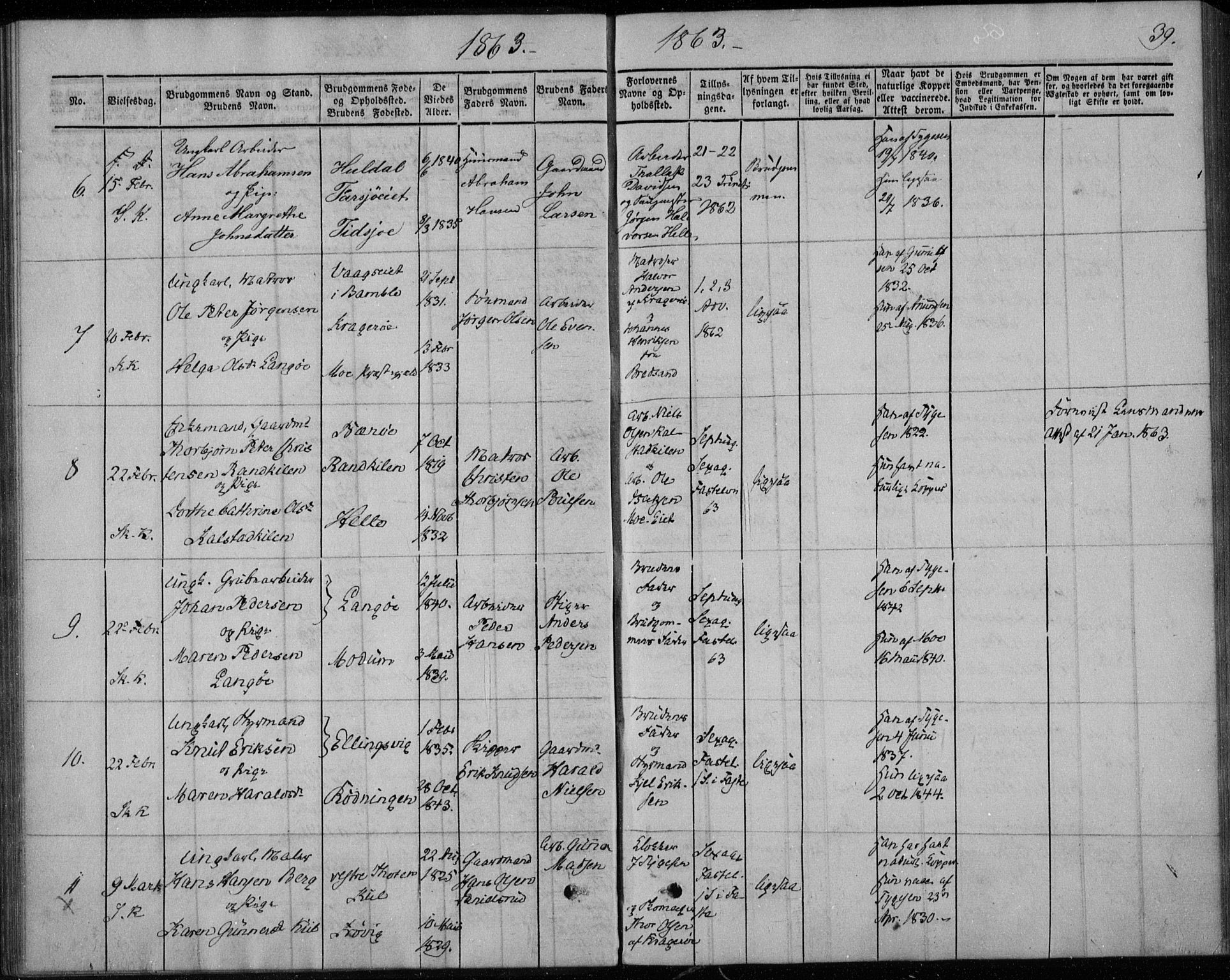 Sannidal kirkebøker, AV/SAKO-A-296/F/Fa/L0010: Parish register (official) no. 10, 1855-1873, p. 39