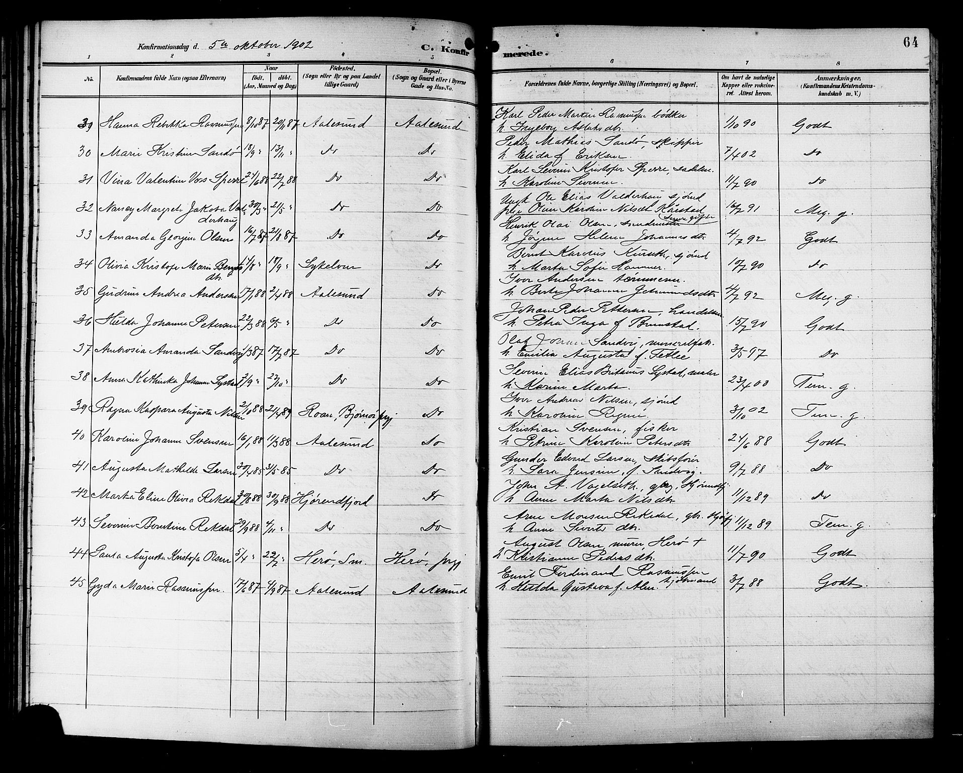 Ministerialprotokoller, klokkerbøker og fødselsregistre - Møre og Romsdal, AV/SAT-A-1454/529/L0469: Parish register (copy) no. 529C06, 1898-1906, p. 64