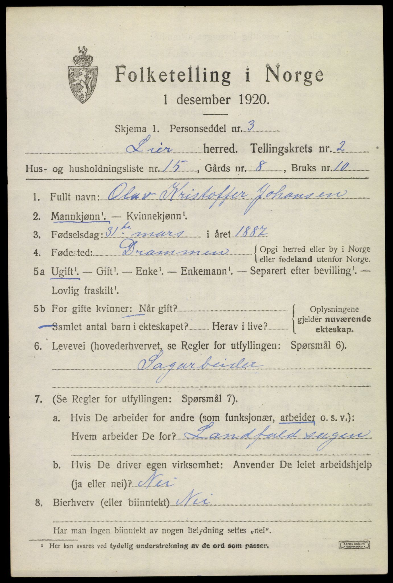 SAKO, 1920 census for Lier, 1920, p. 4508