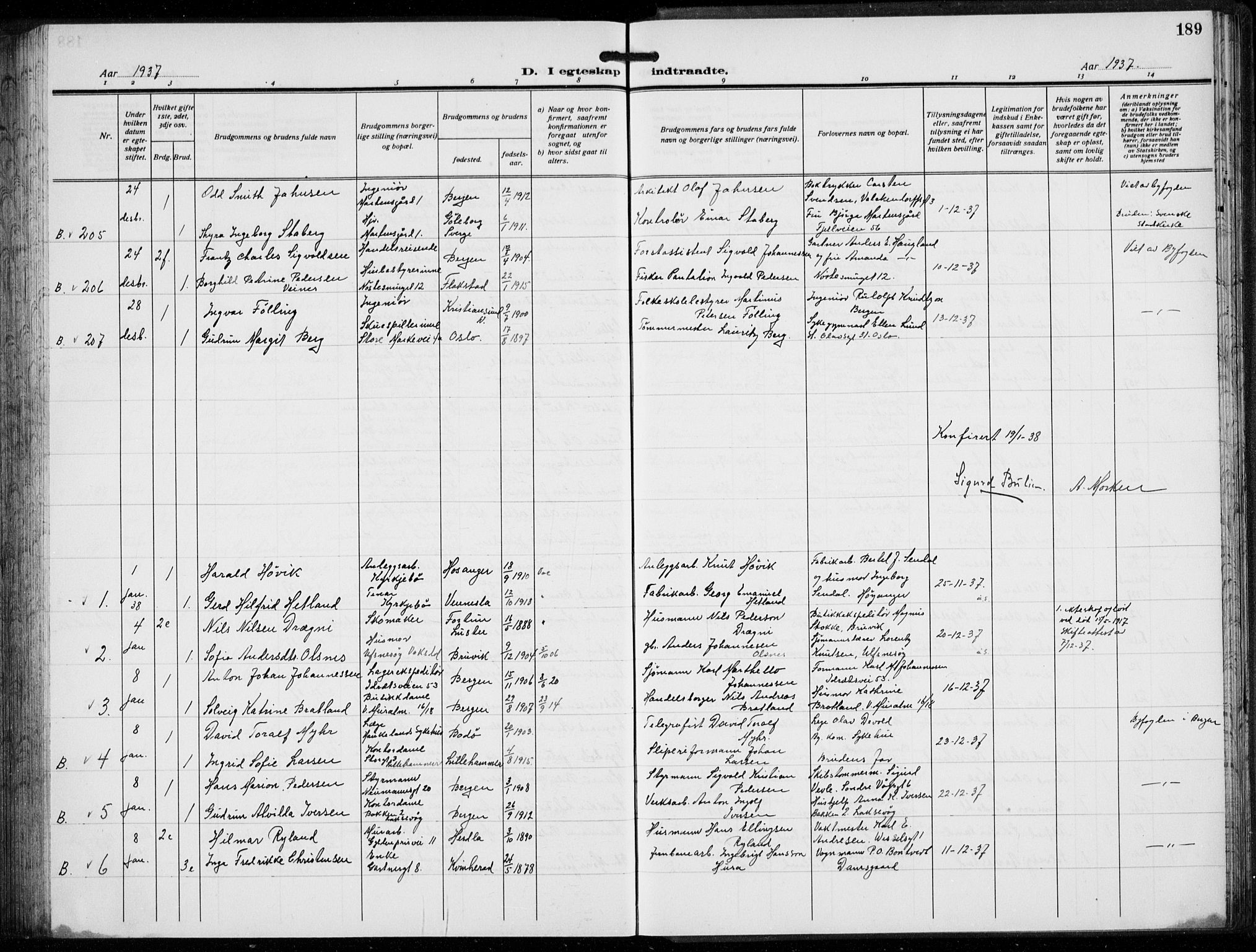 Domkirken sokneprestembete, SAB/A-74801/H/Hab/L0034: Parish register (copy) no. D 6, 1924-1941, p. 189