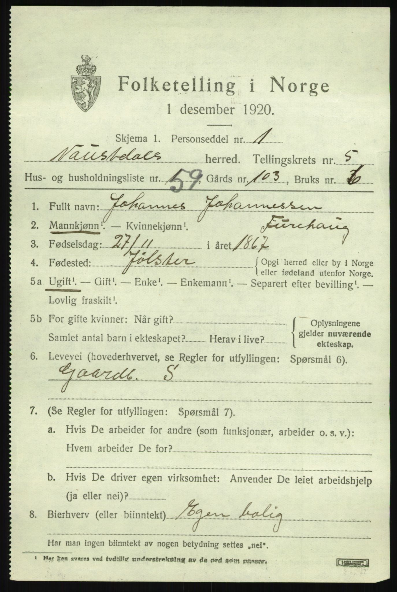 SAB, 1920 census for Naustdal, 1920, p. 3693